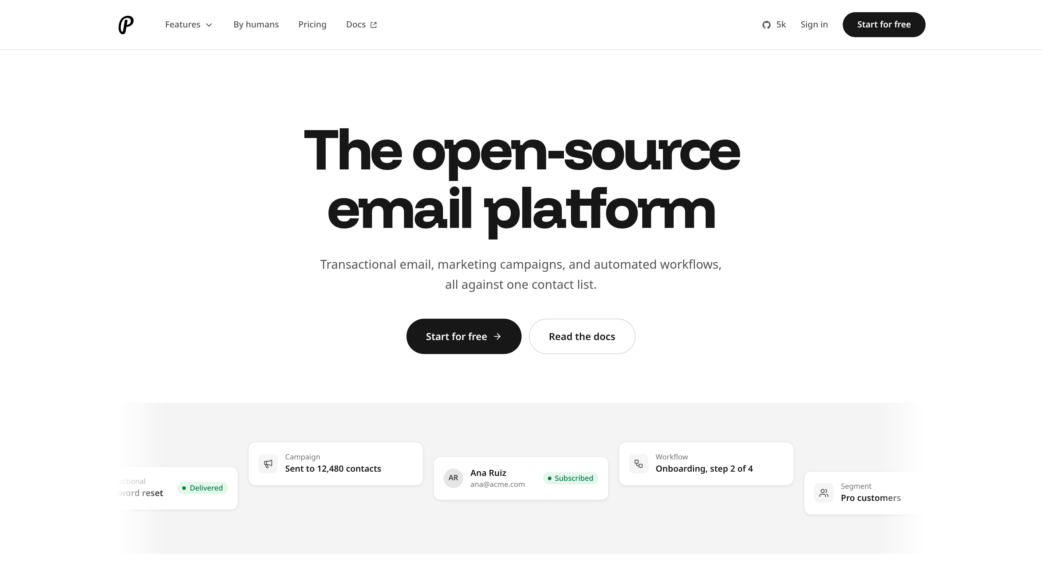 Plunk homepage showing its open-source email platform hero
