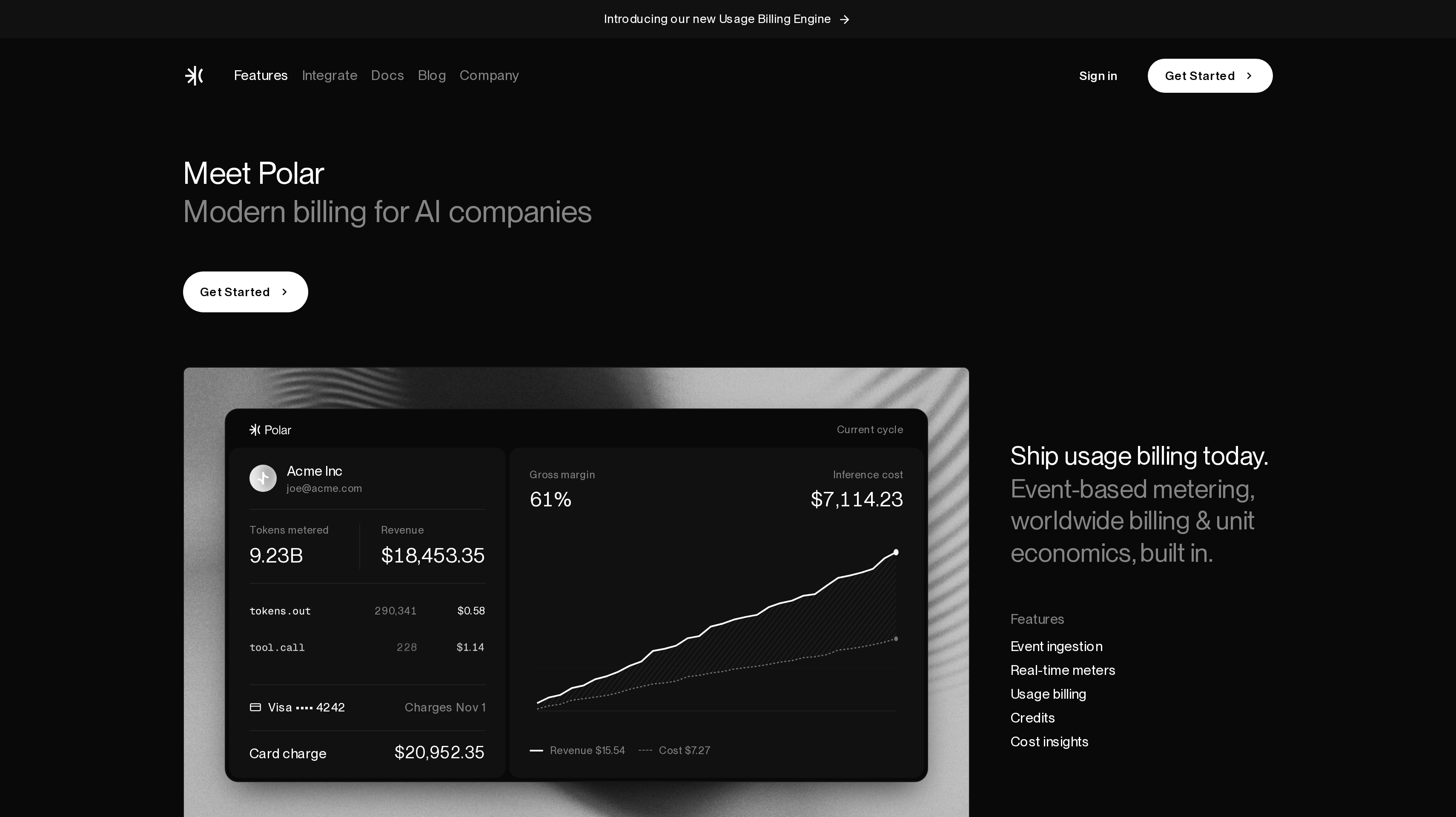 Polar homepage showing its meet Polar and modern billing for AI companies hero