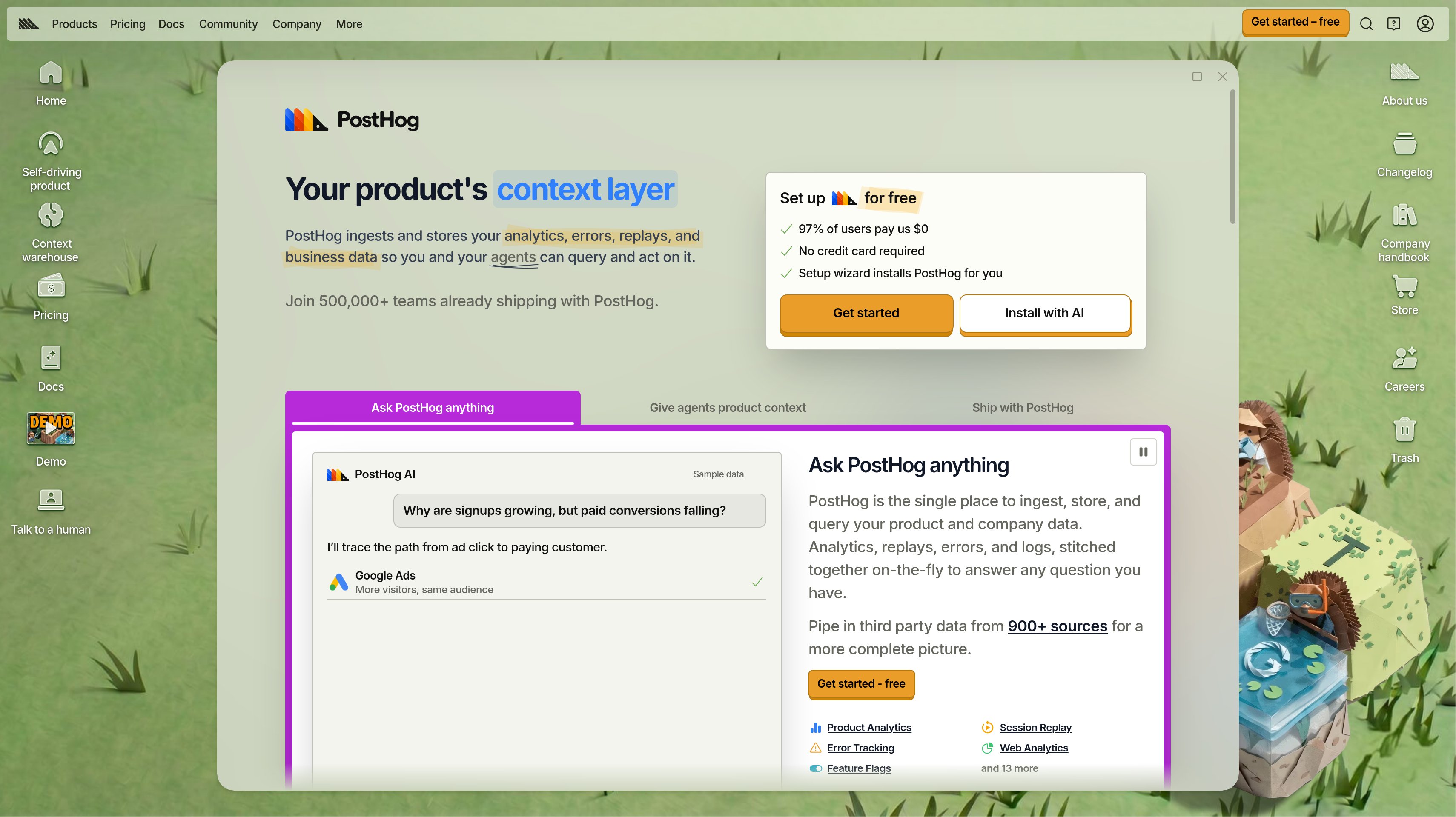 PostHog homepage showing its product context layer hero