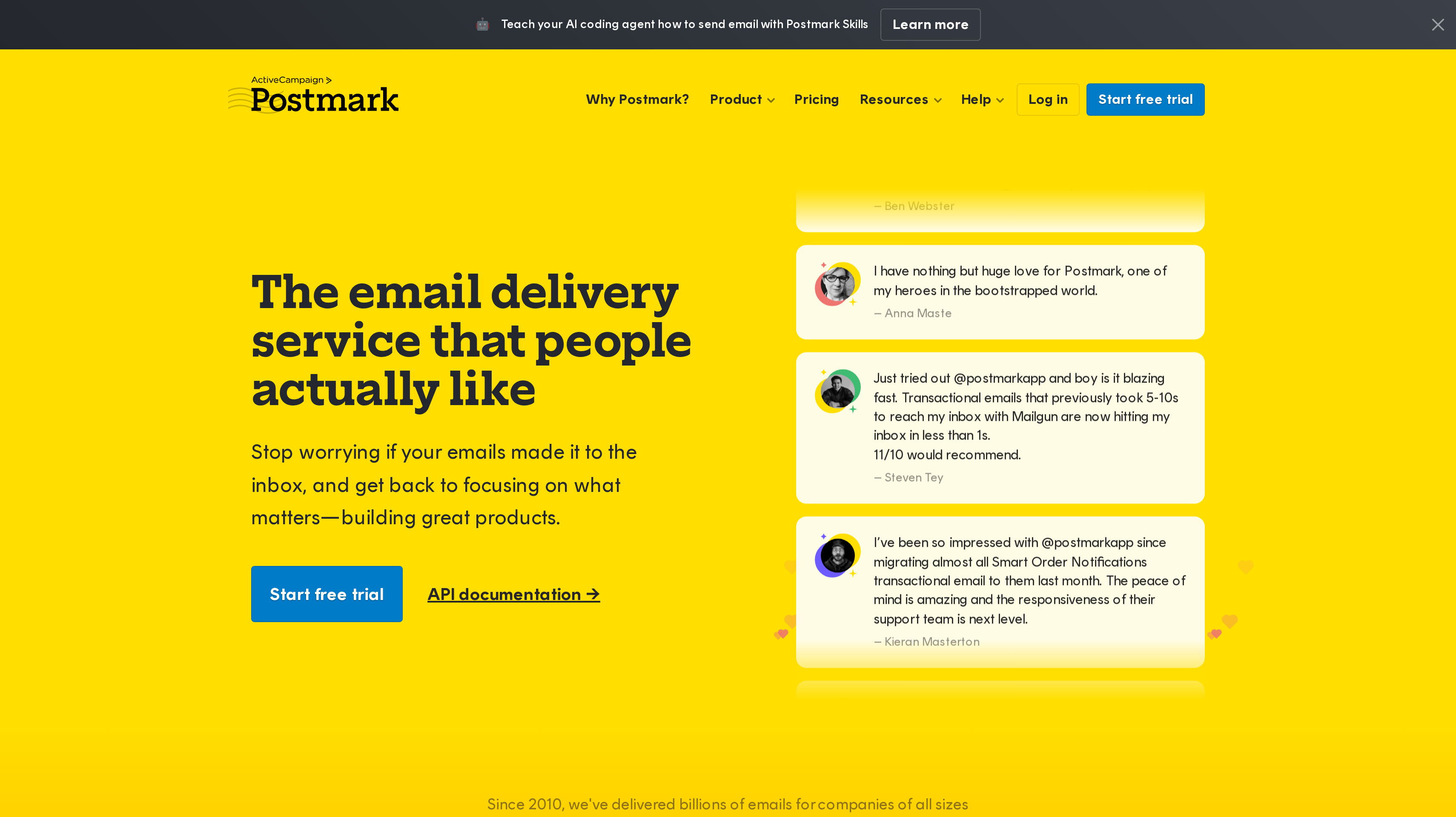 Postmark homepage showing its email delivery service that people actually like hero