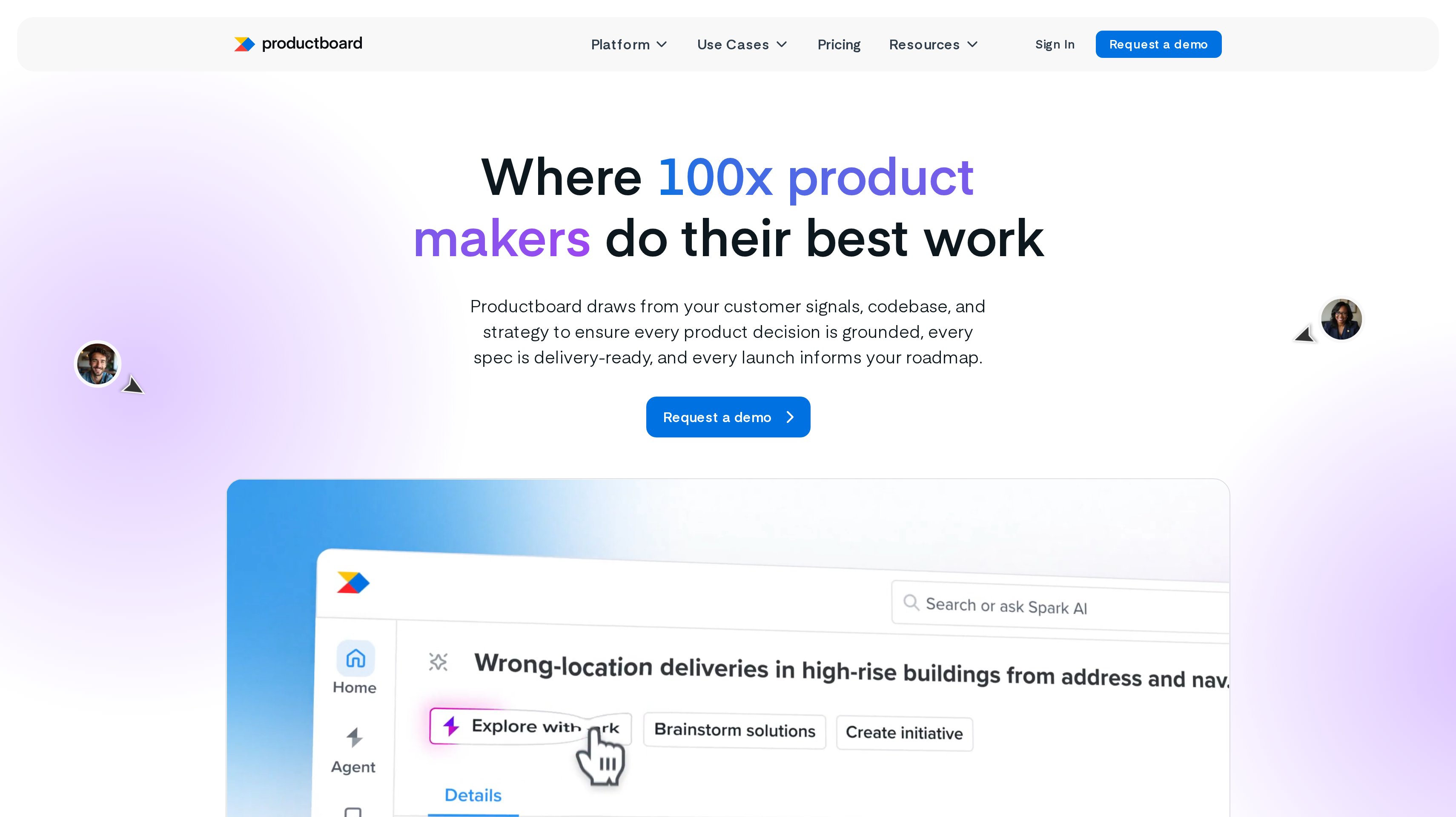 Productboard homepage showing its where 100x product makers do their best work hero