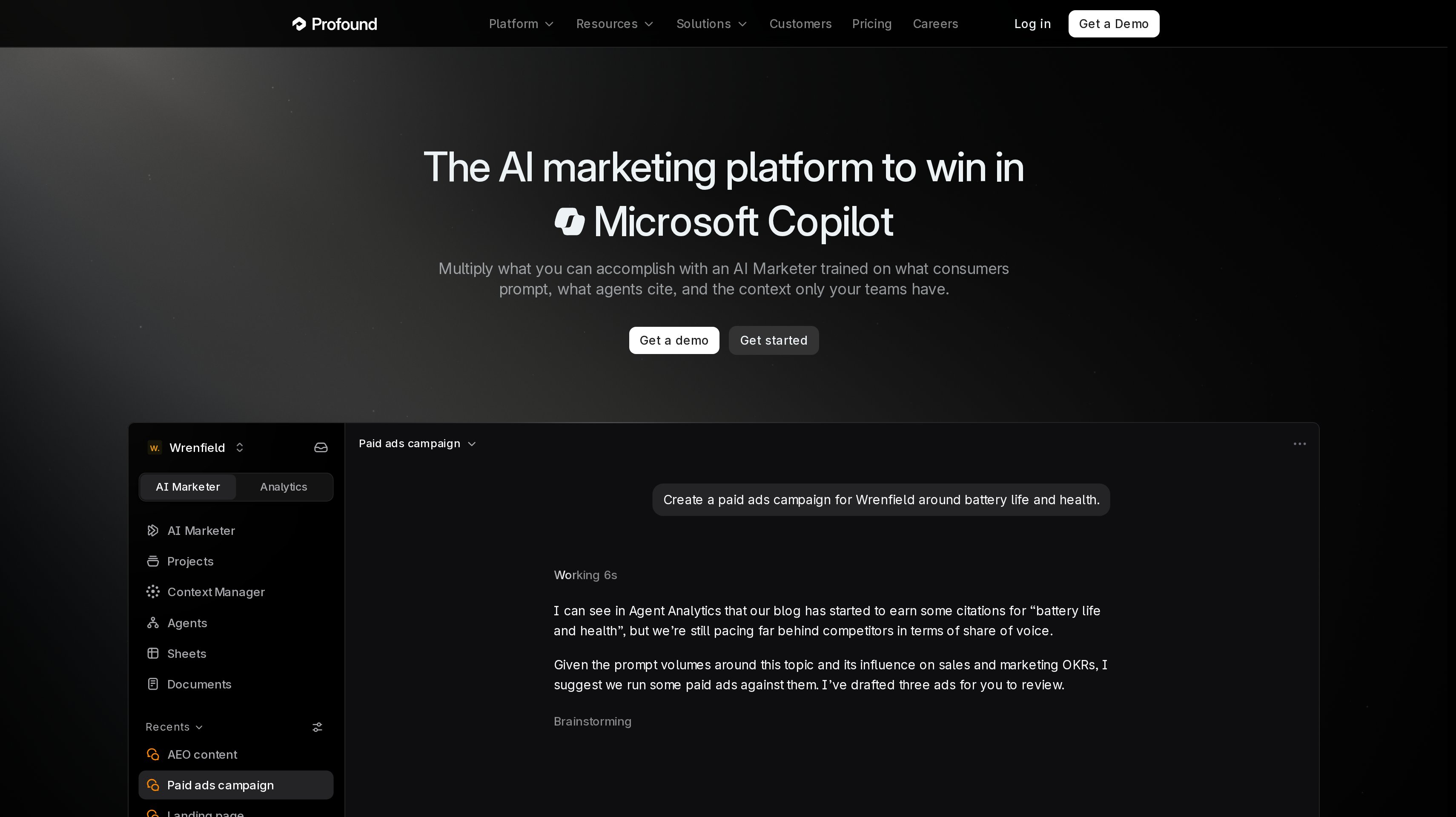Profound homepage showing its AI marketing platform hero and AI Marketer workspace
