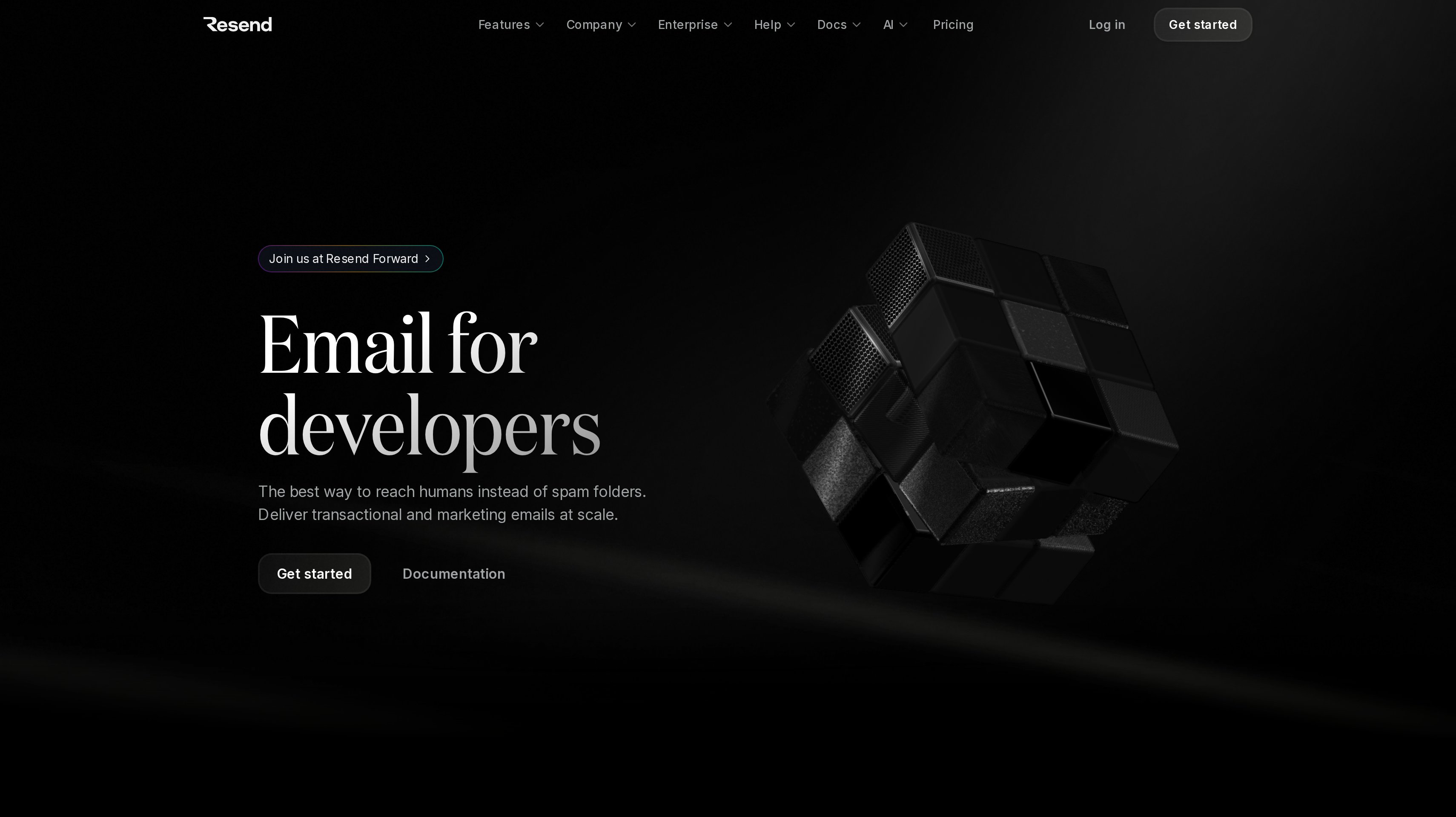 Resend homepage showing its email for developers hero