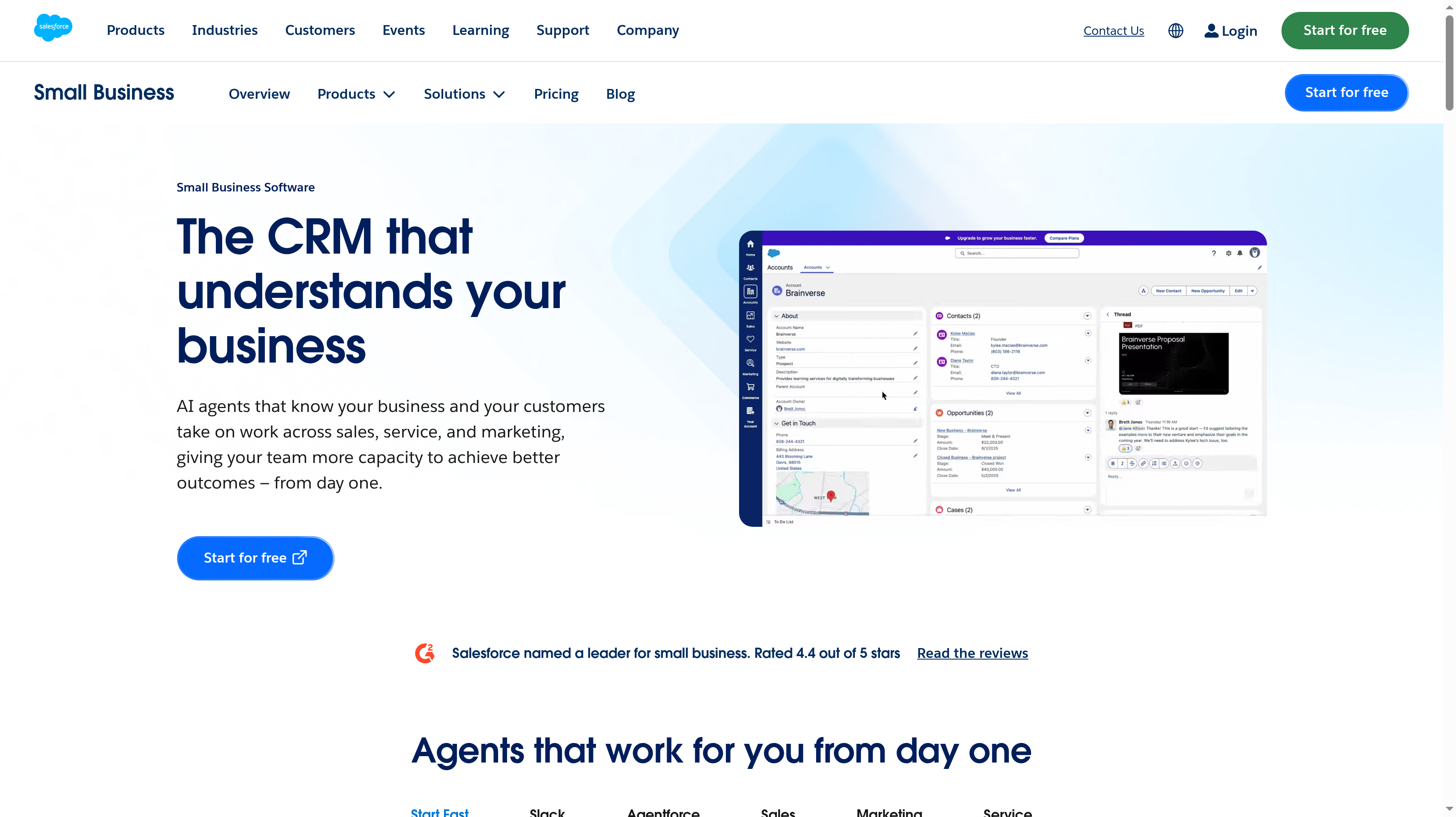 Salesforce small business page showing its the CRM that understands your business hero