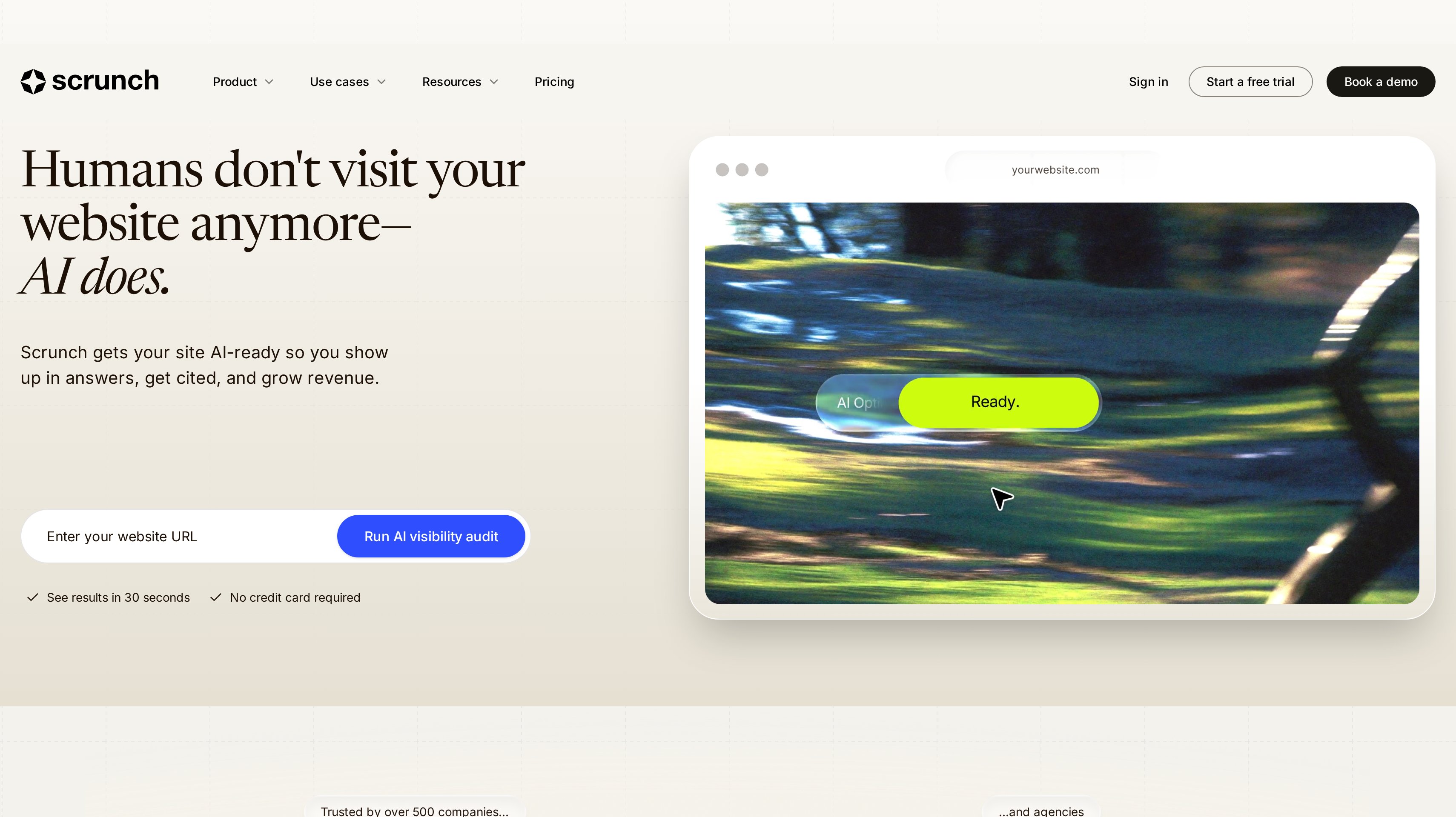 Scrunch homepage showing its humans don't visit your website anymore hero