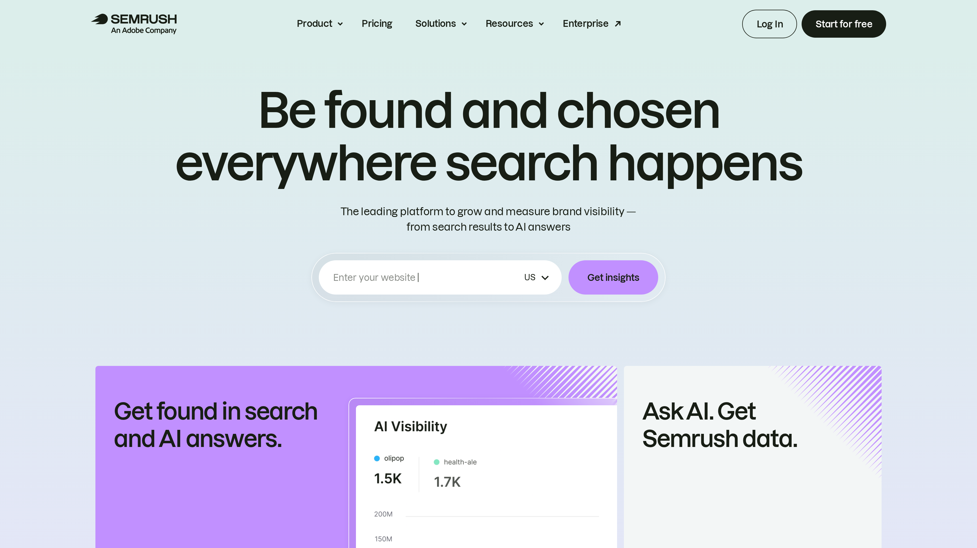 Semrush homepage showing its be found and chosen everywhere search happens hero