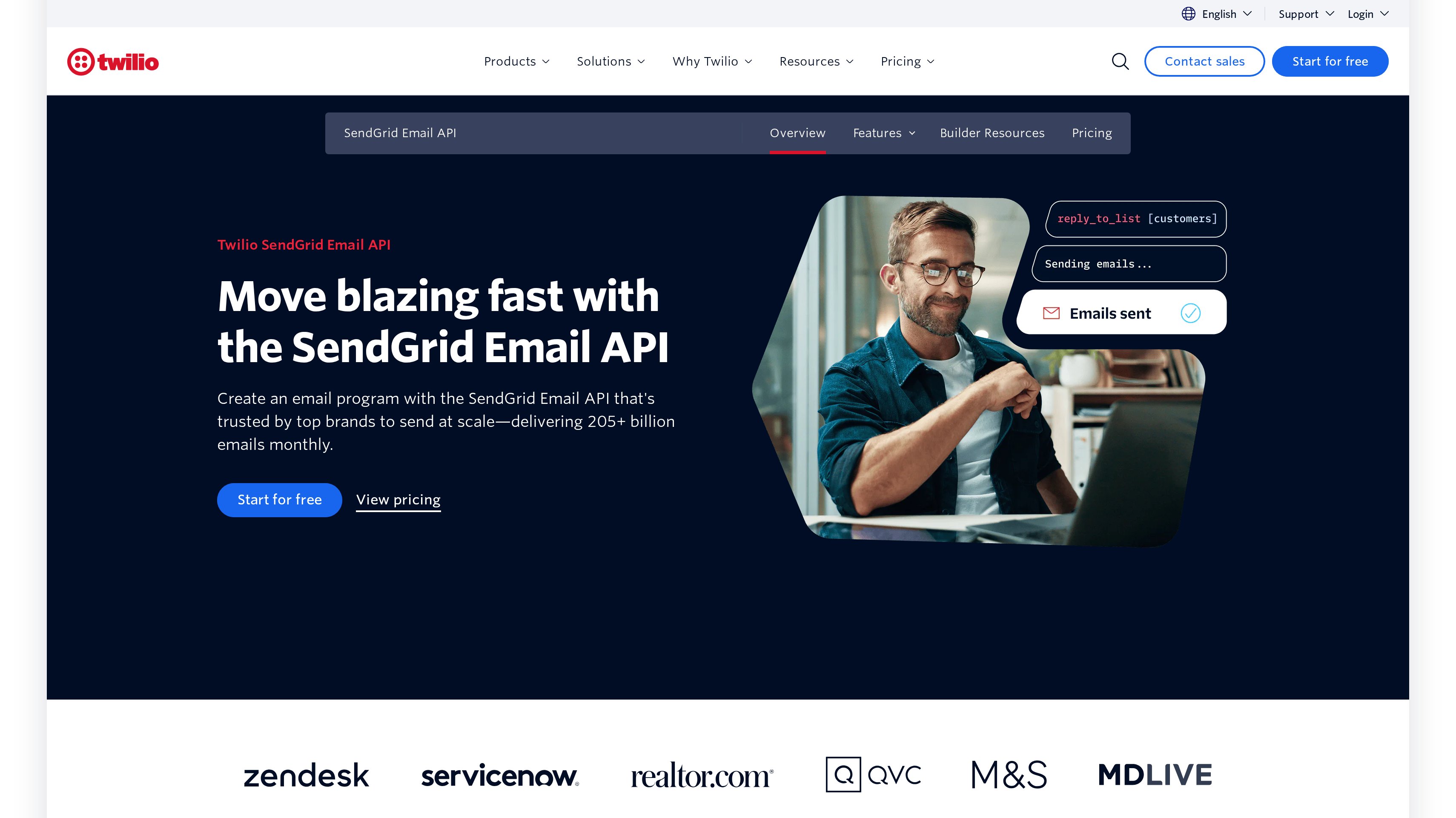 Twilio SendGrid Email API page showing its move blazing fast with the SendGrid Email API hero