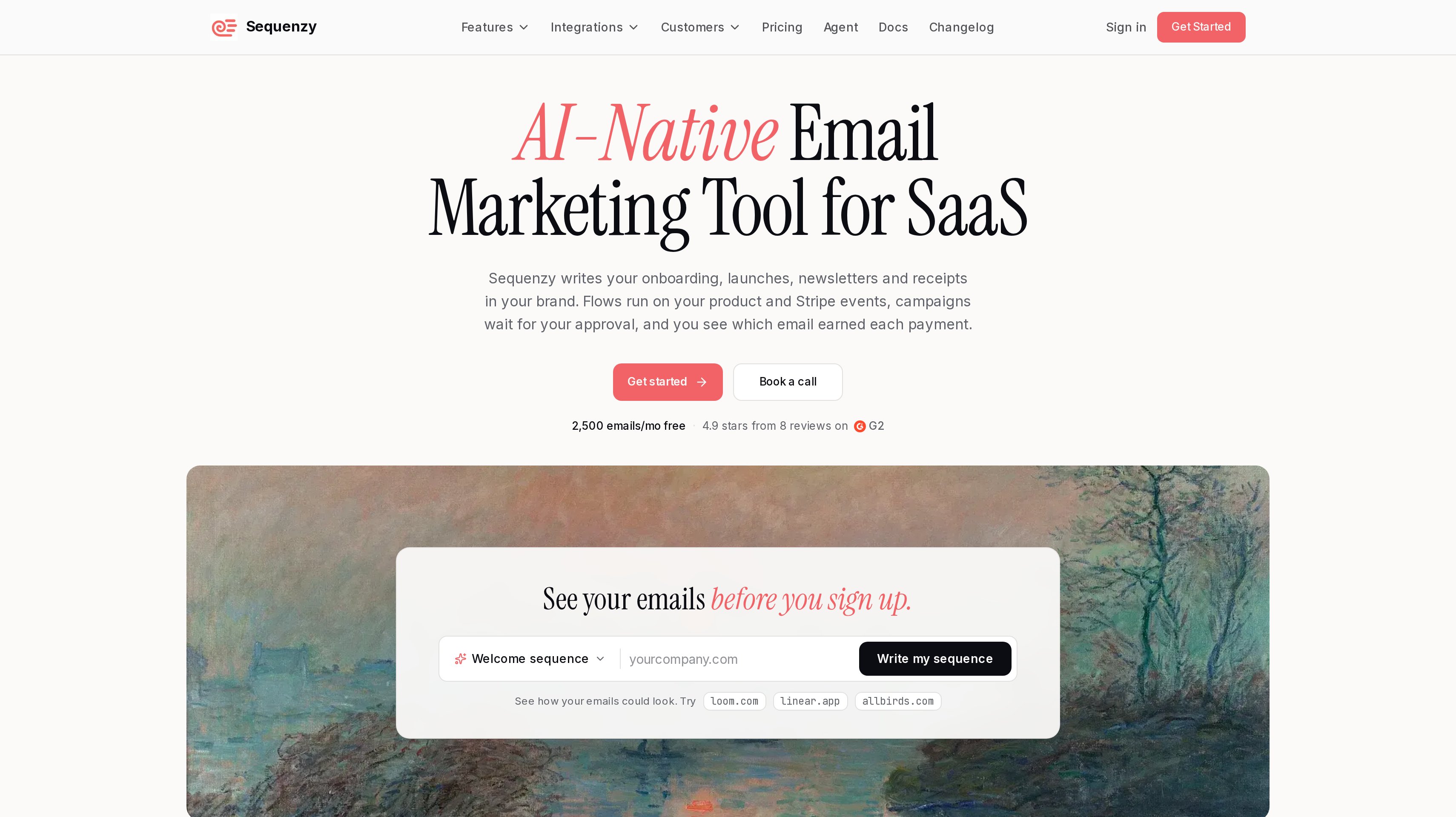Sequenzy homepage showing its AI email marketing tool for SaaS hero