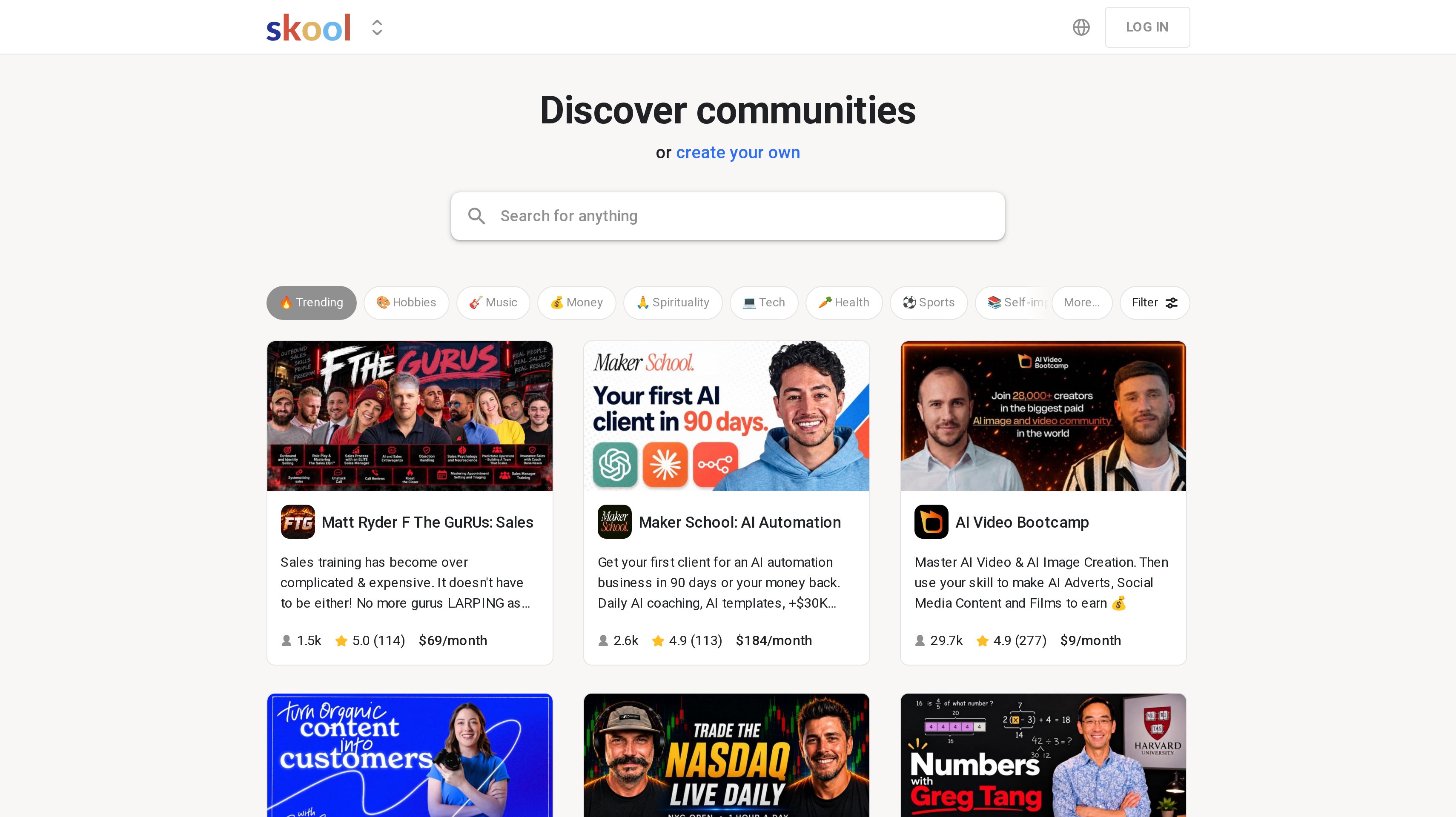 Skool homepage showing its discover communities directory