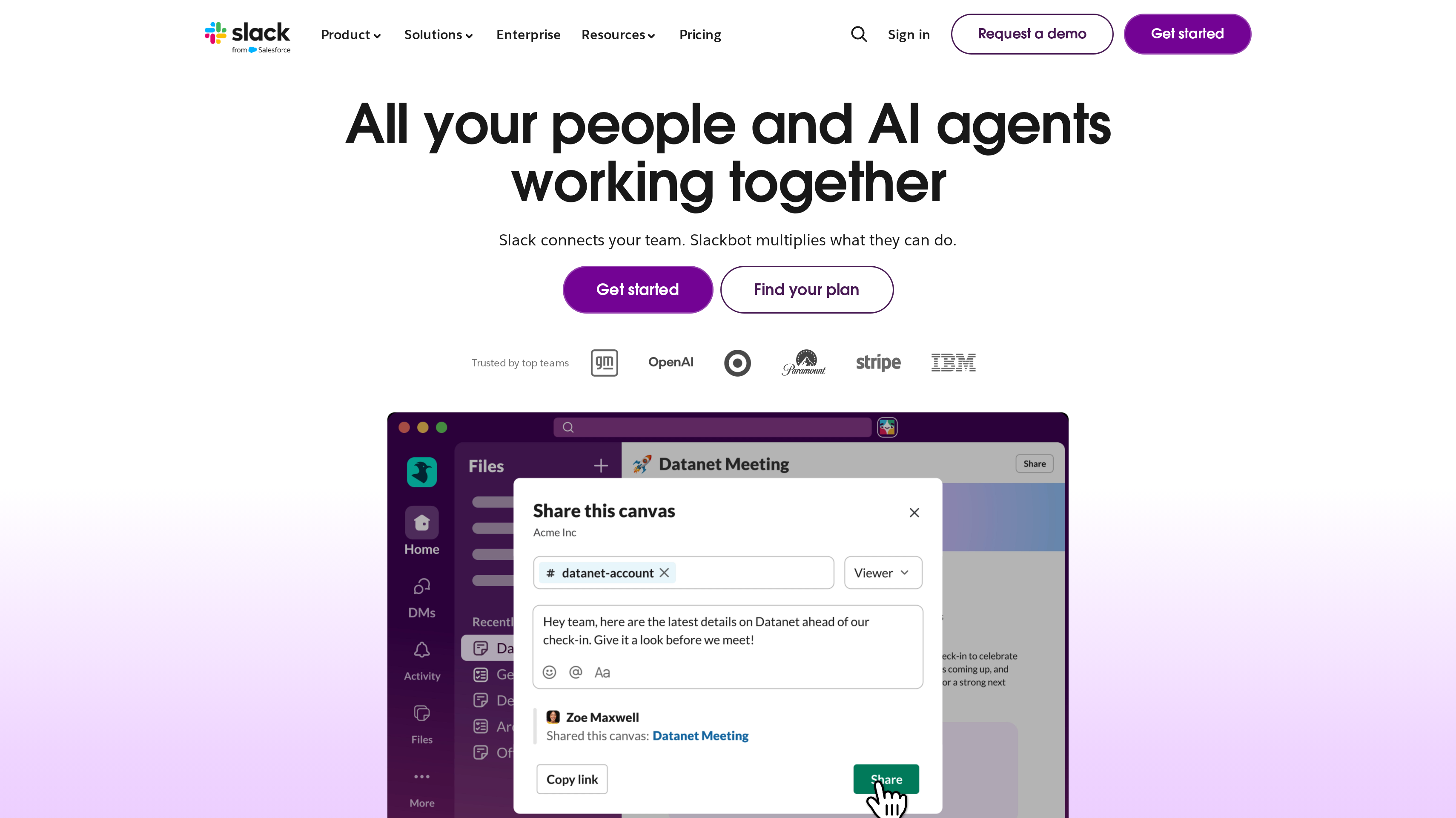 Slack homepage showing its all your people and AI agents working together hero