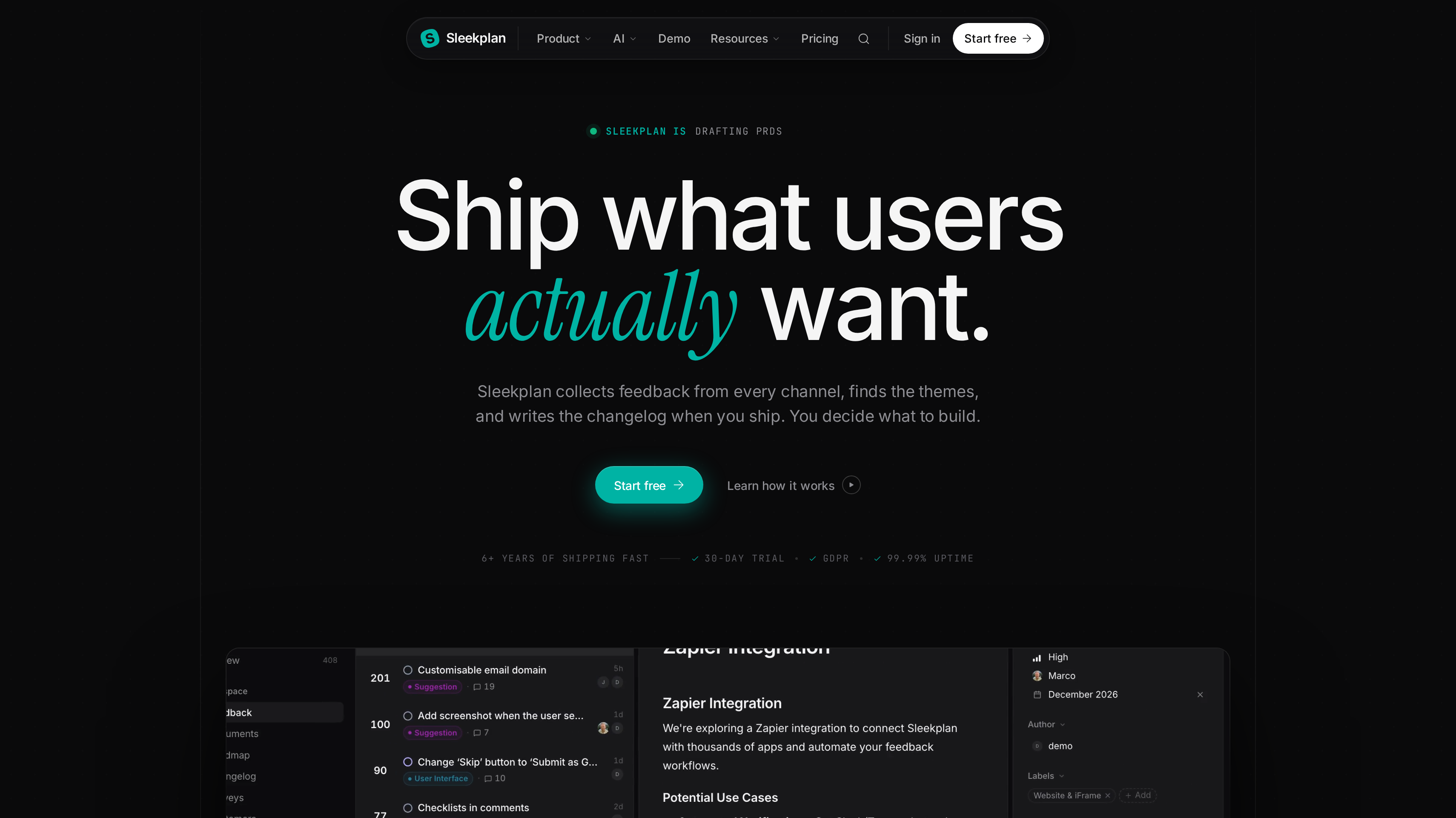 Sleekplan homepage showing its ship what users actually want hero