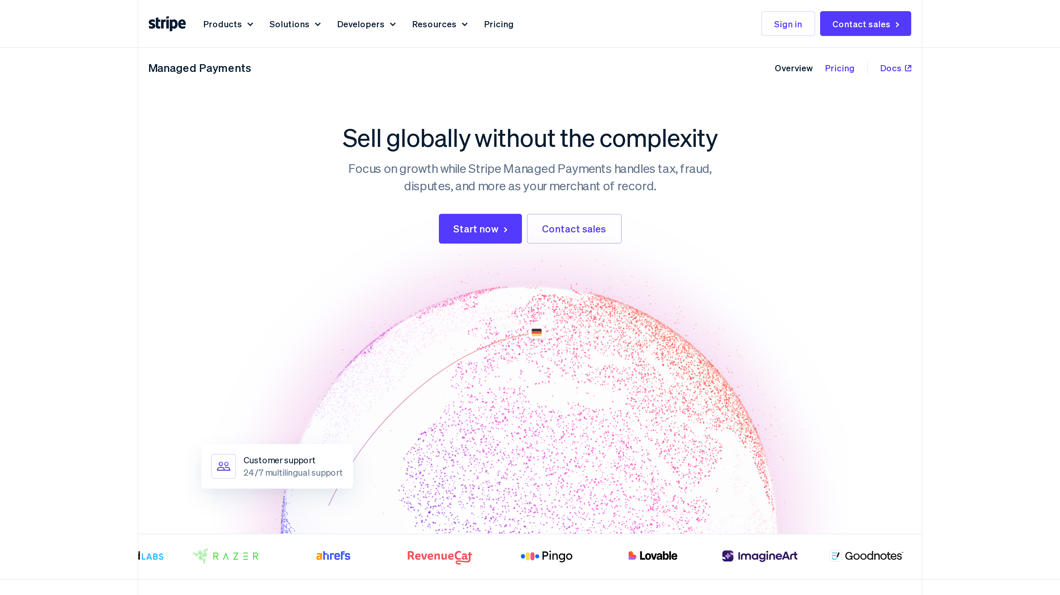 Stripe Managed Payments page showing its sell globally without the complexity hero