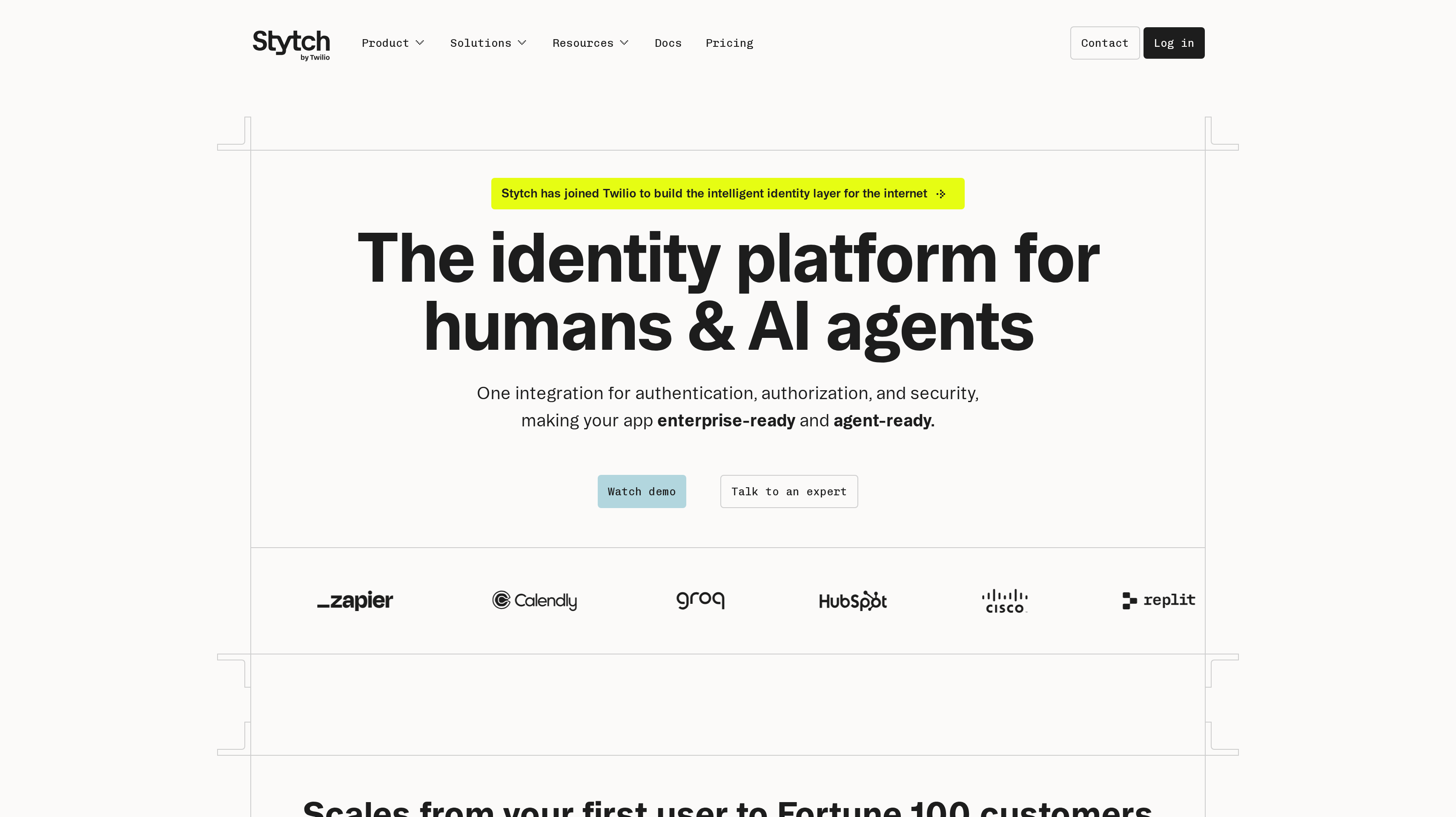 Stytch homepage showing its identity platform for humans and AI agents hero