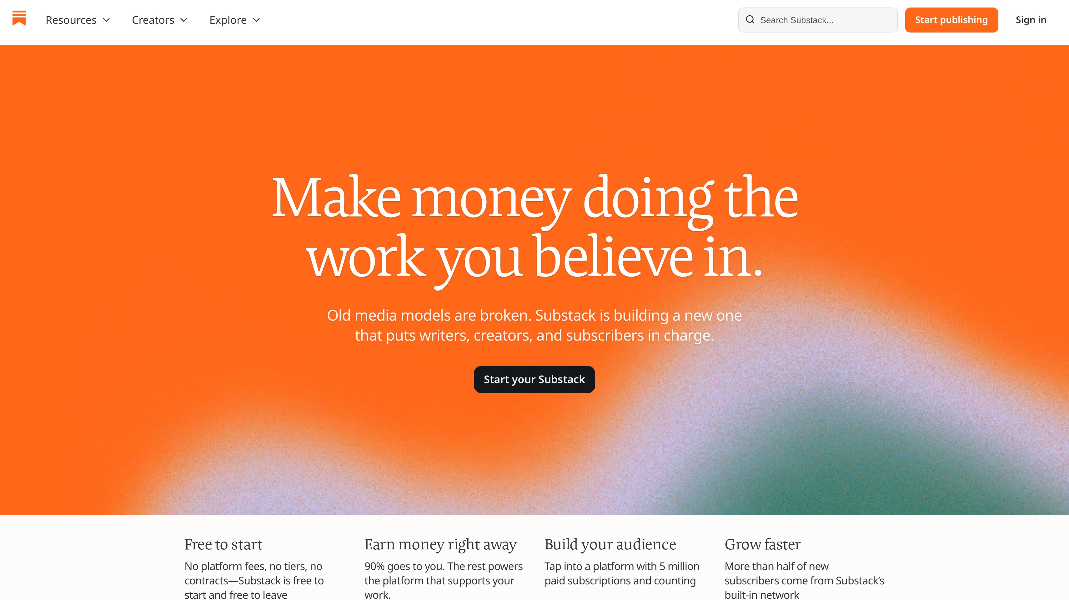 Substack about page showing its make money doing the work you believe in hero