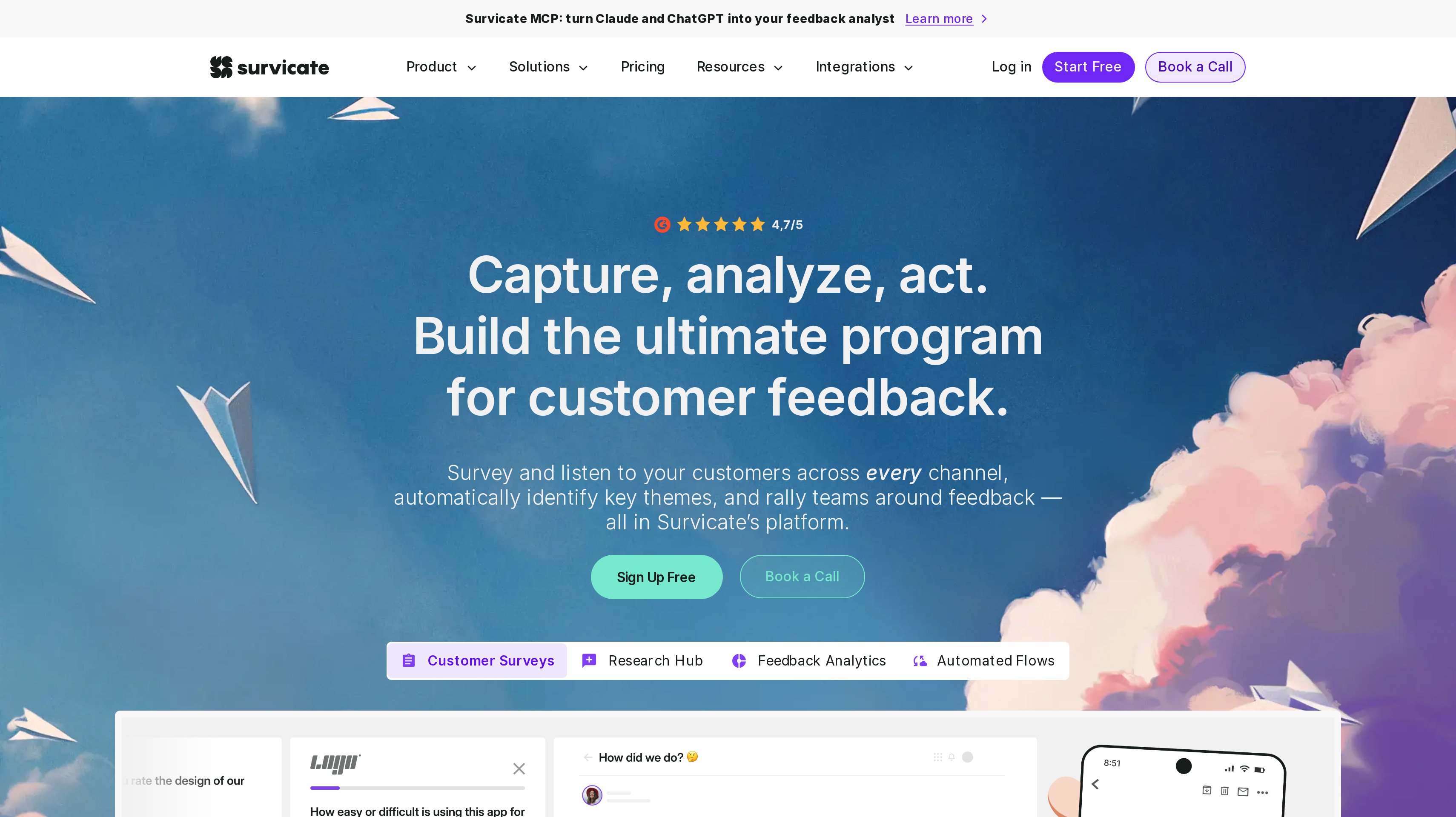Survicate homepage showing its capture, analyze, act customer feedback hero