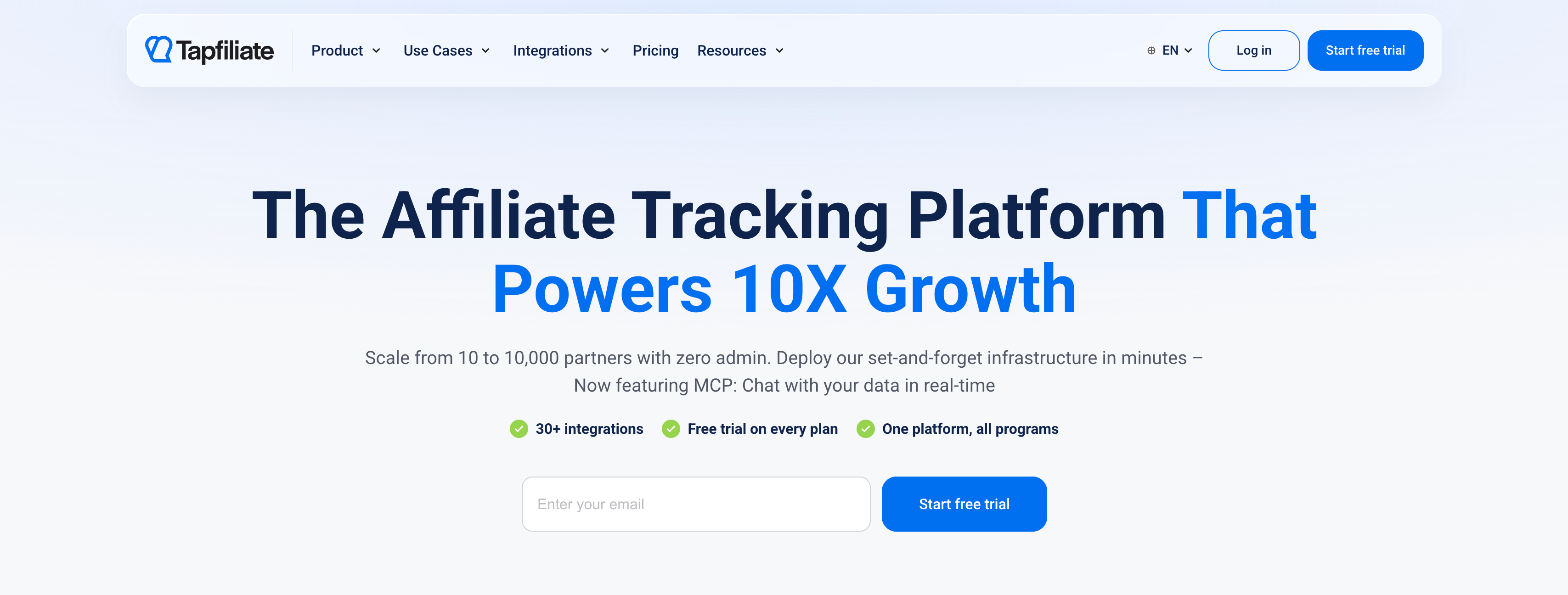 Tapfiliate homepage describing affiliate tracking and integrations
