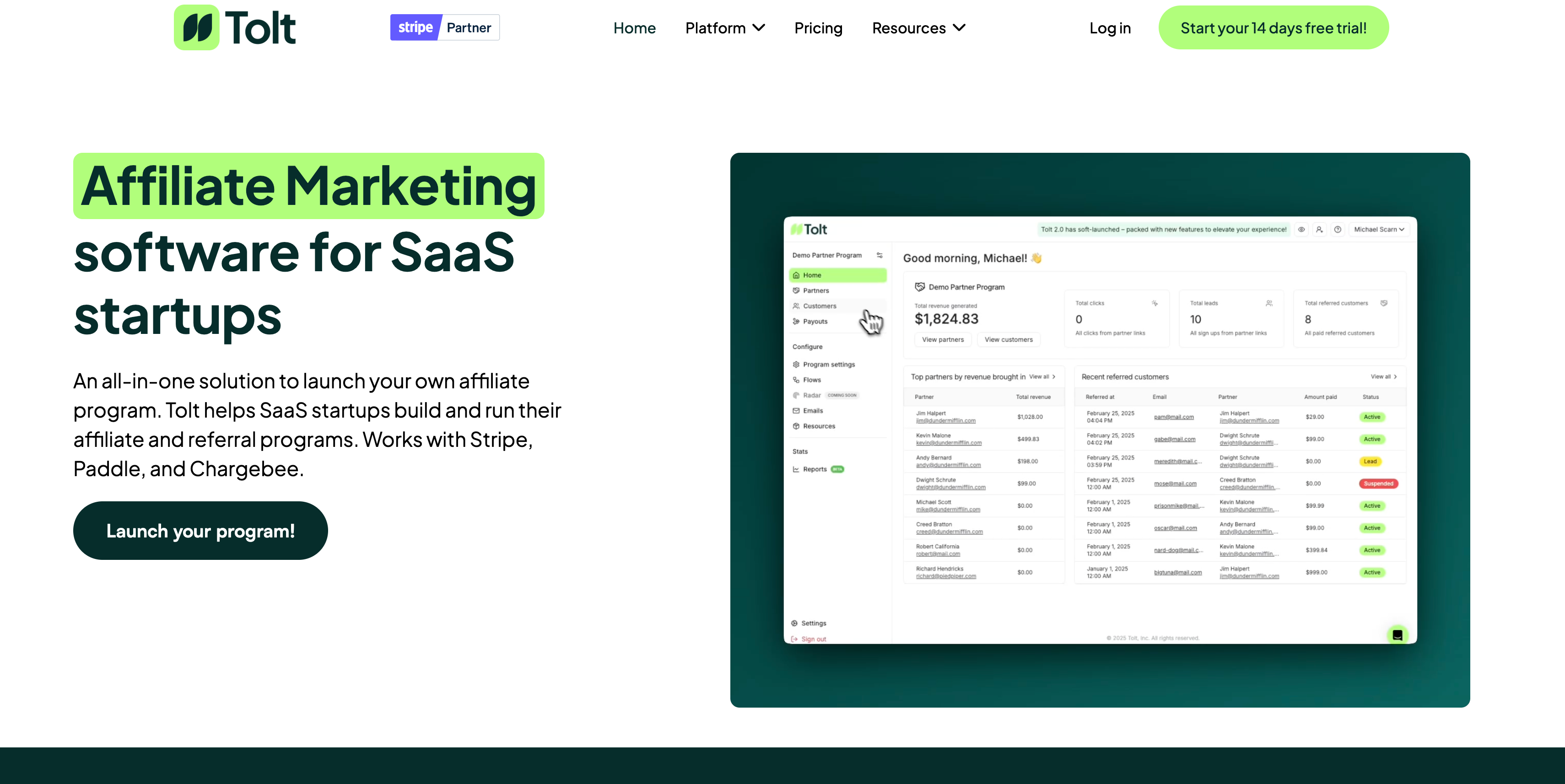 Tolt homepage showing its affiliate dashboard preview