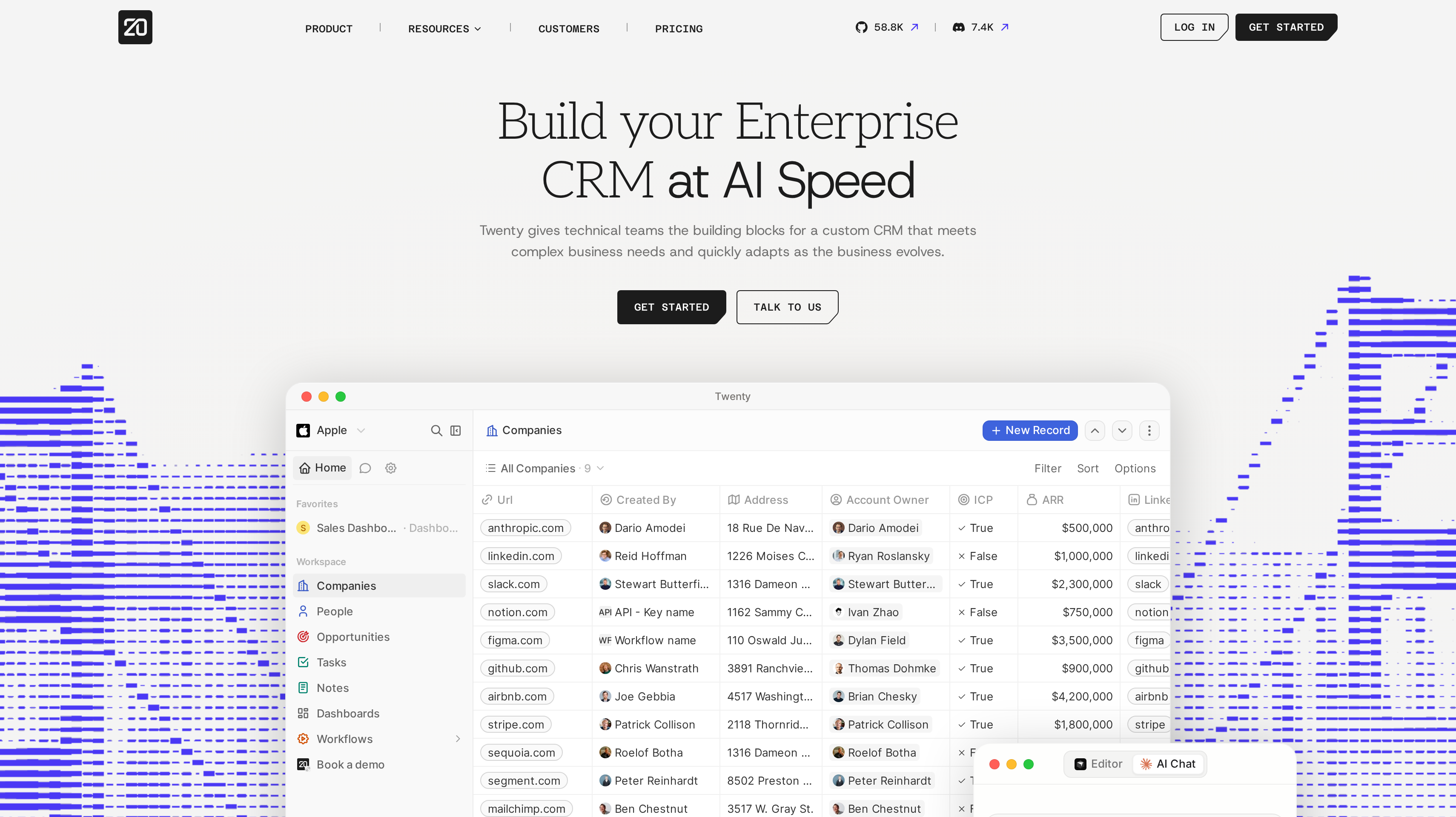Twenty homepage showing its build your enterprise CRM at AI speed hero