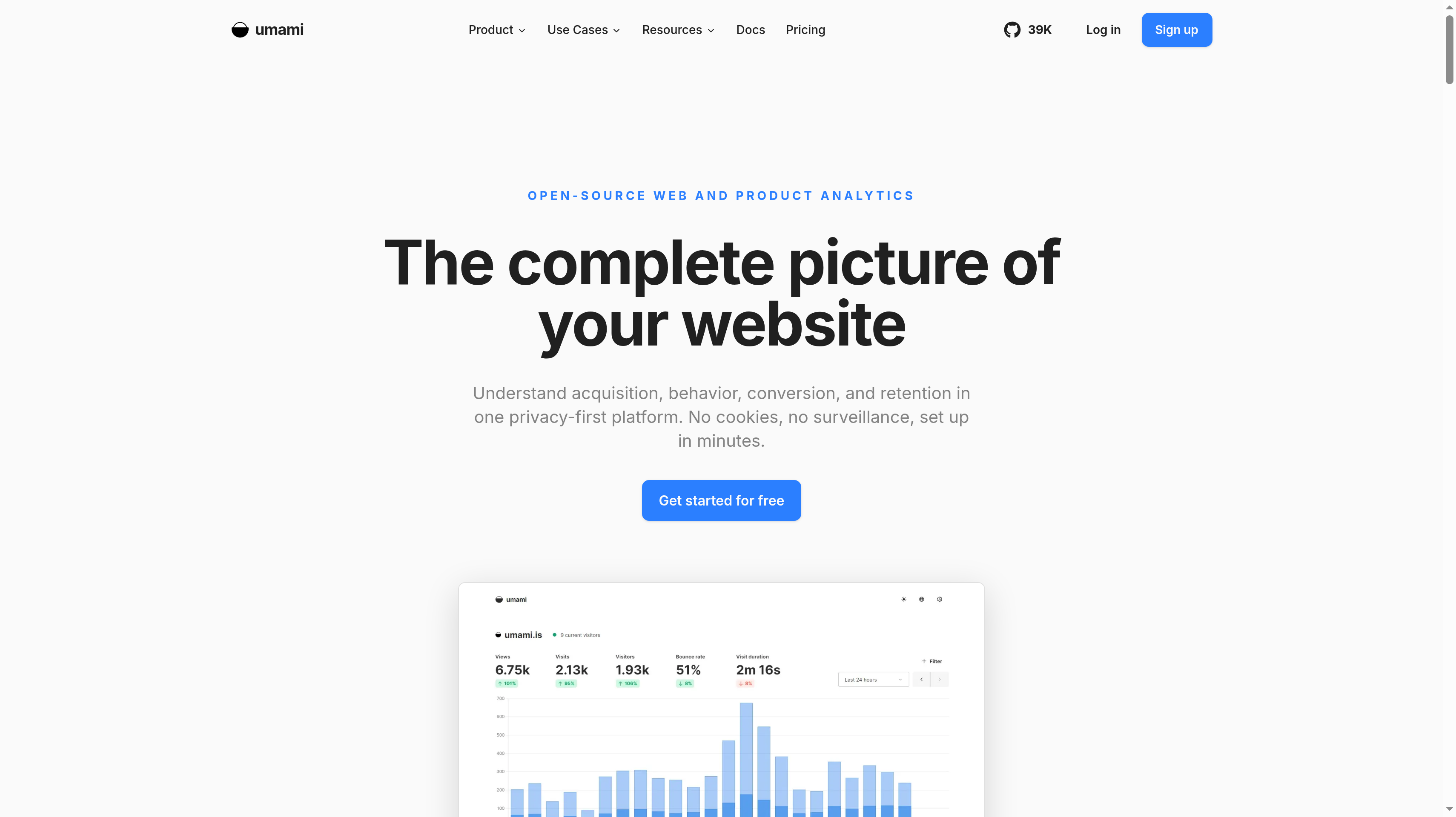Umami homepage showing its open-source web and product analytics dashboard