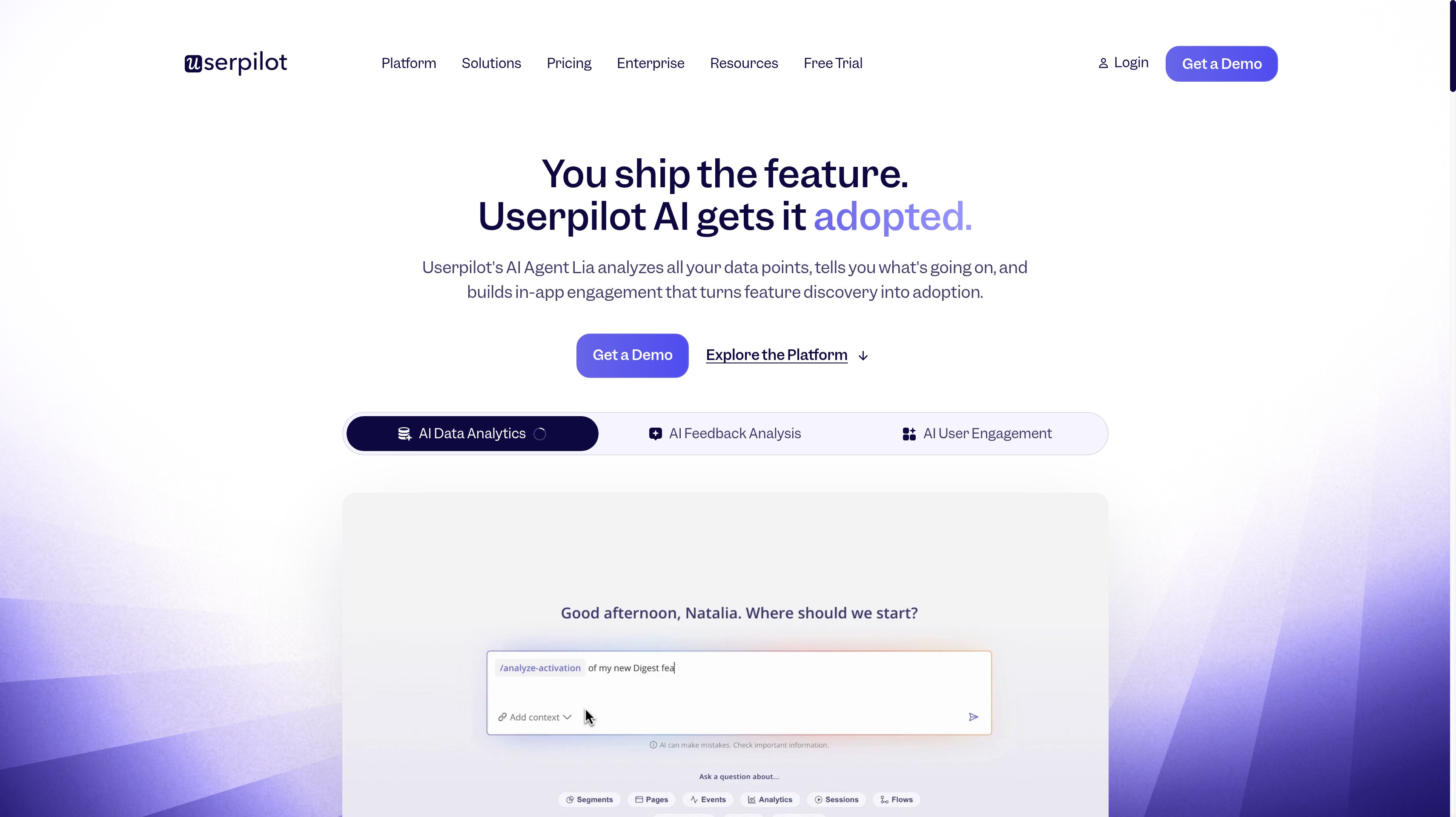 Userpilot homepage showing its you ship the feature, Userpilot AI gets it adopted hero