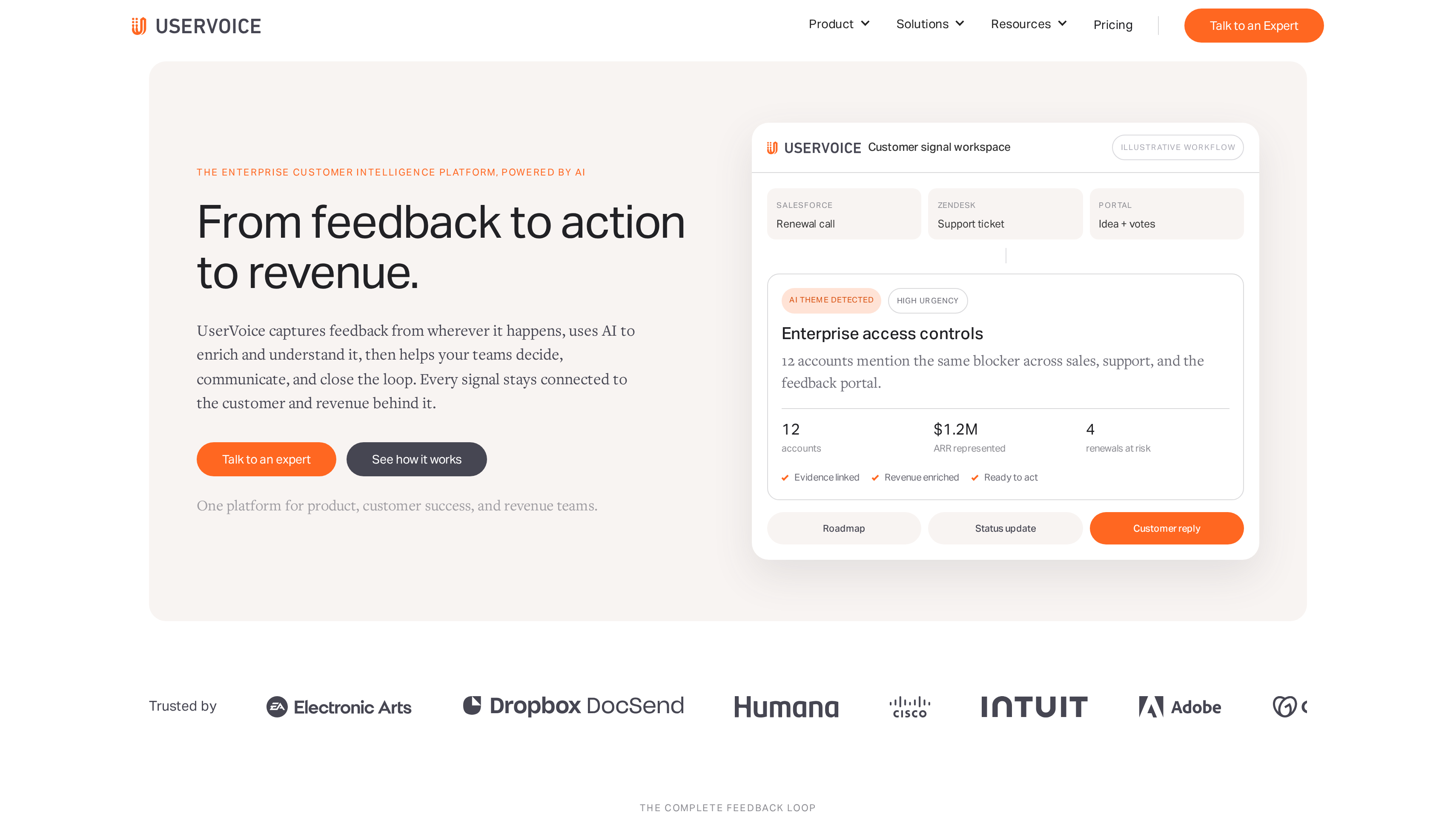 UserVoice homepage showing its from feedback to action to revenue hero