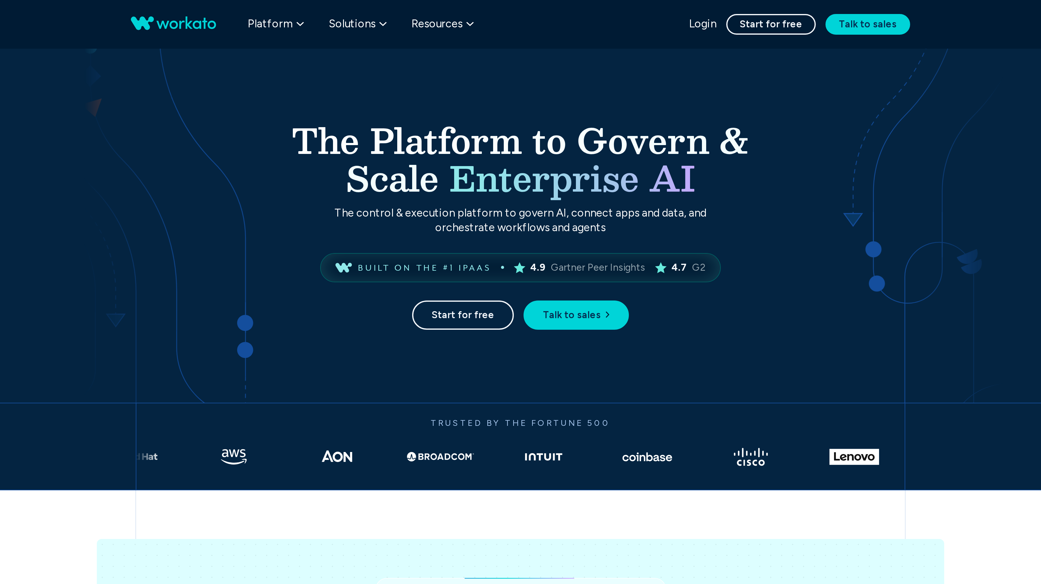 Workato homepage showing its enterprise AI platform hero