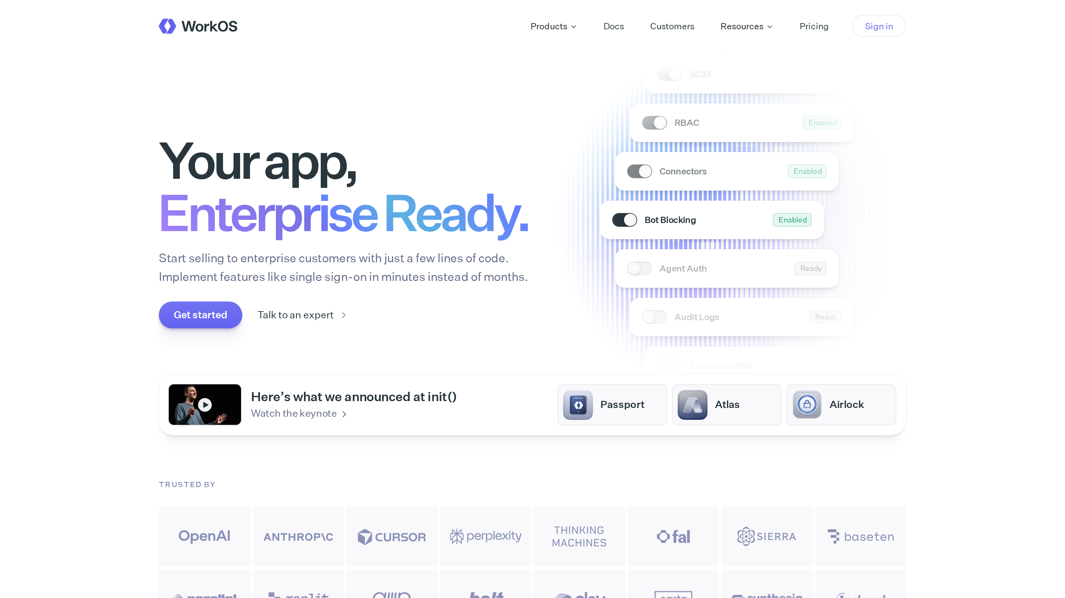 WorkOS homepage showing its your app, enterprise ready hero