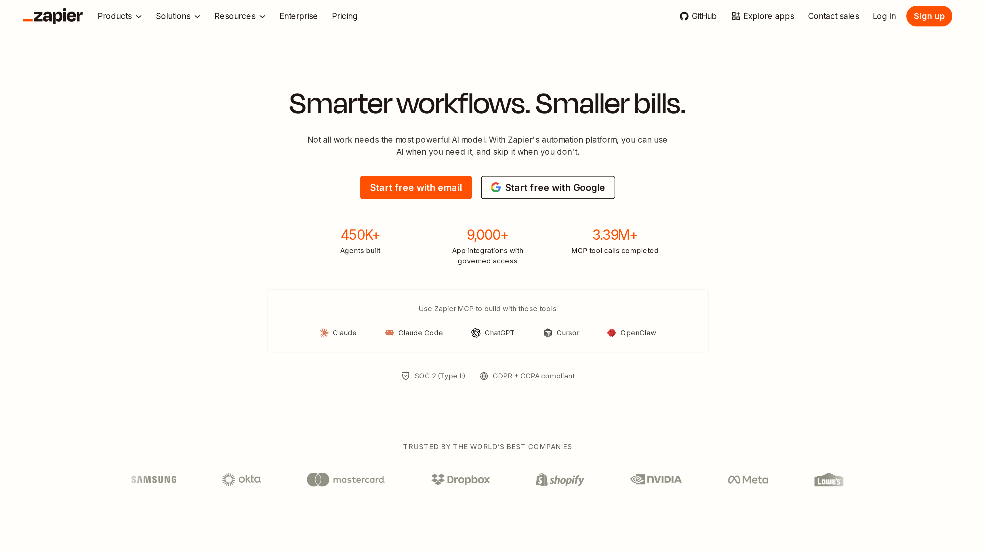 Zapier homepage showing its Smarter workflows hero and signup buttons