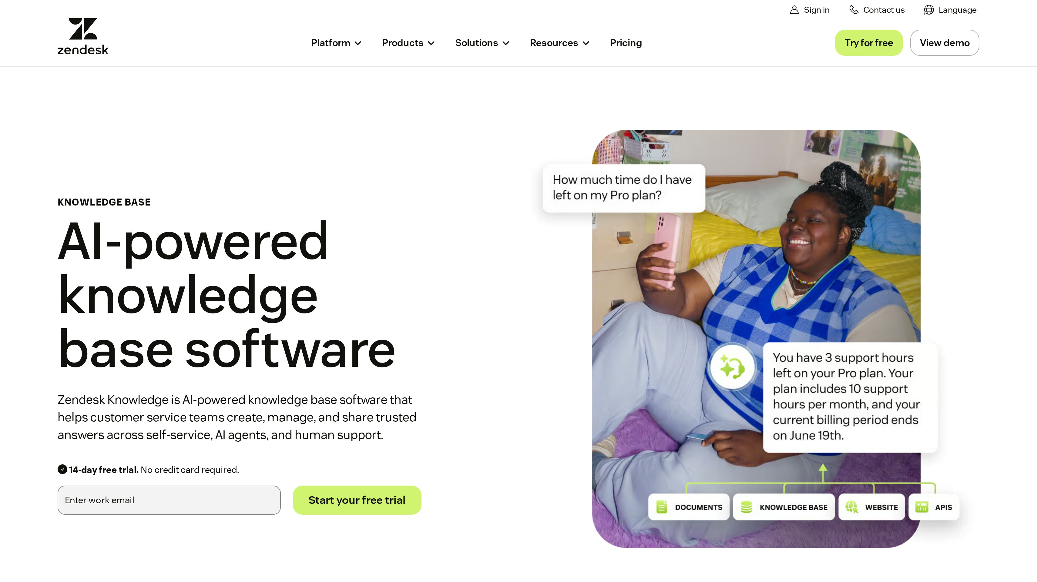 Zendesk page showing its AI-powered knowledge base software hero
