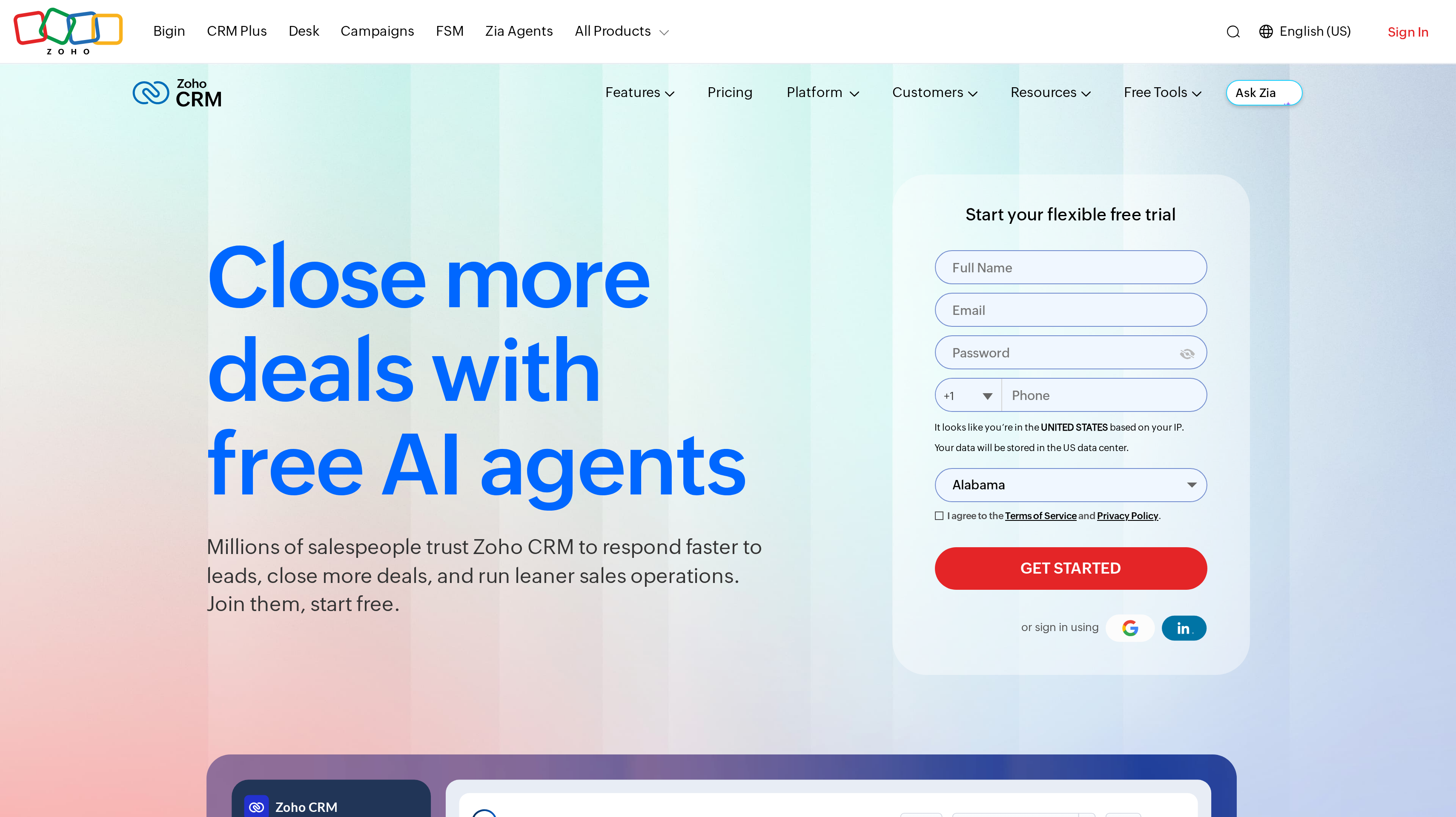 Zoho CRM homepage showing its close more deals with free AI agents hero