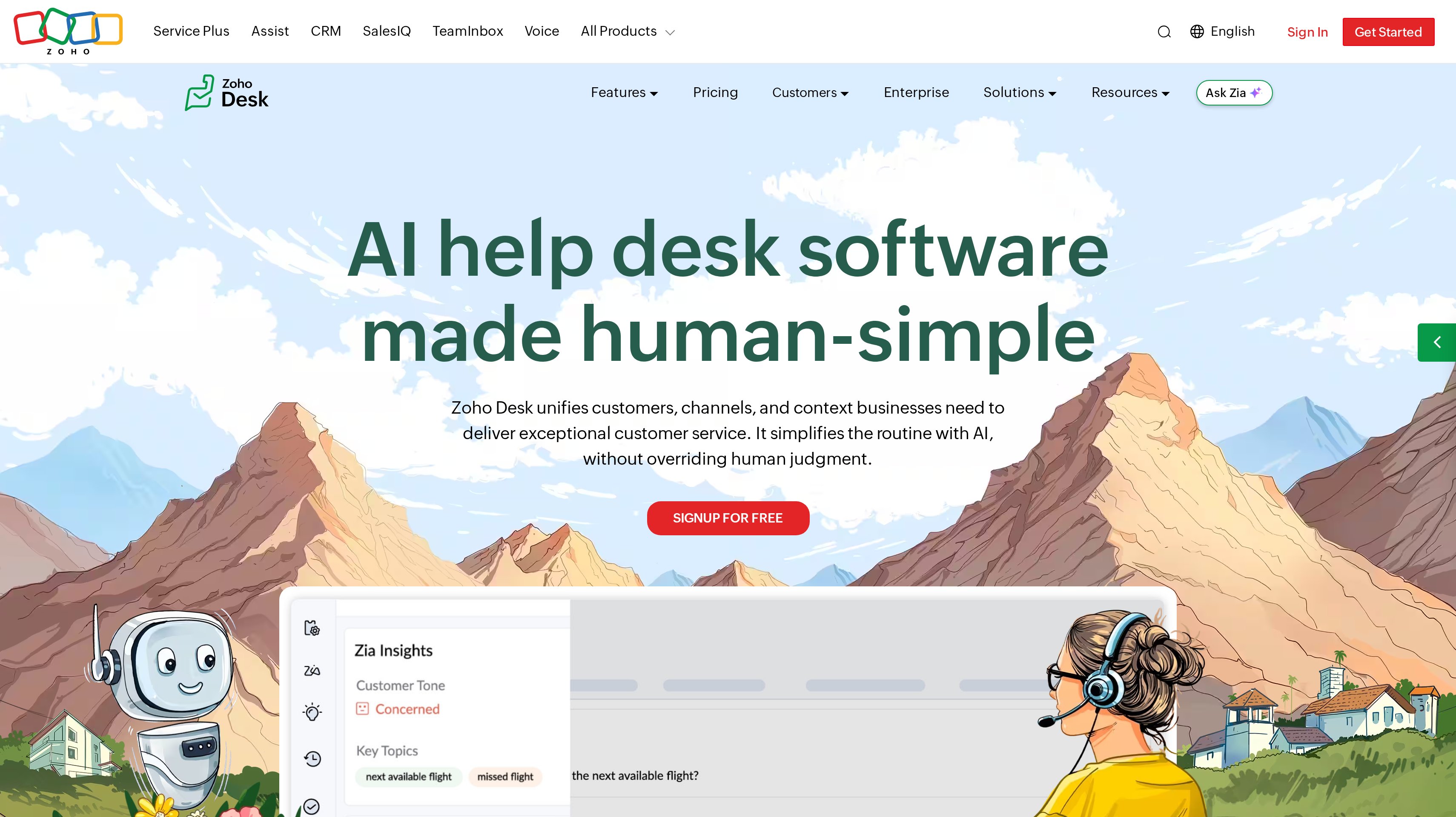 Zoho Desk homepage showing its AI help desk software made human-simple hero