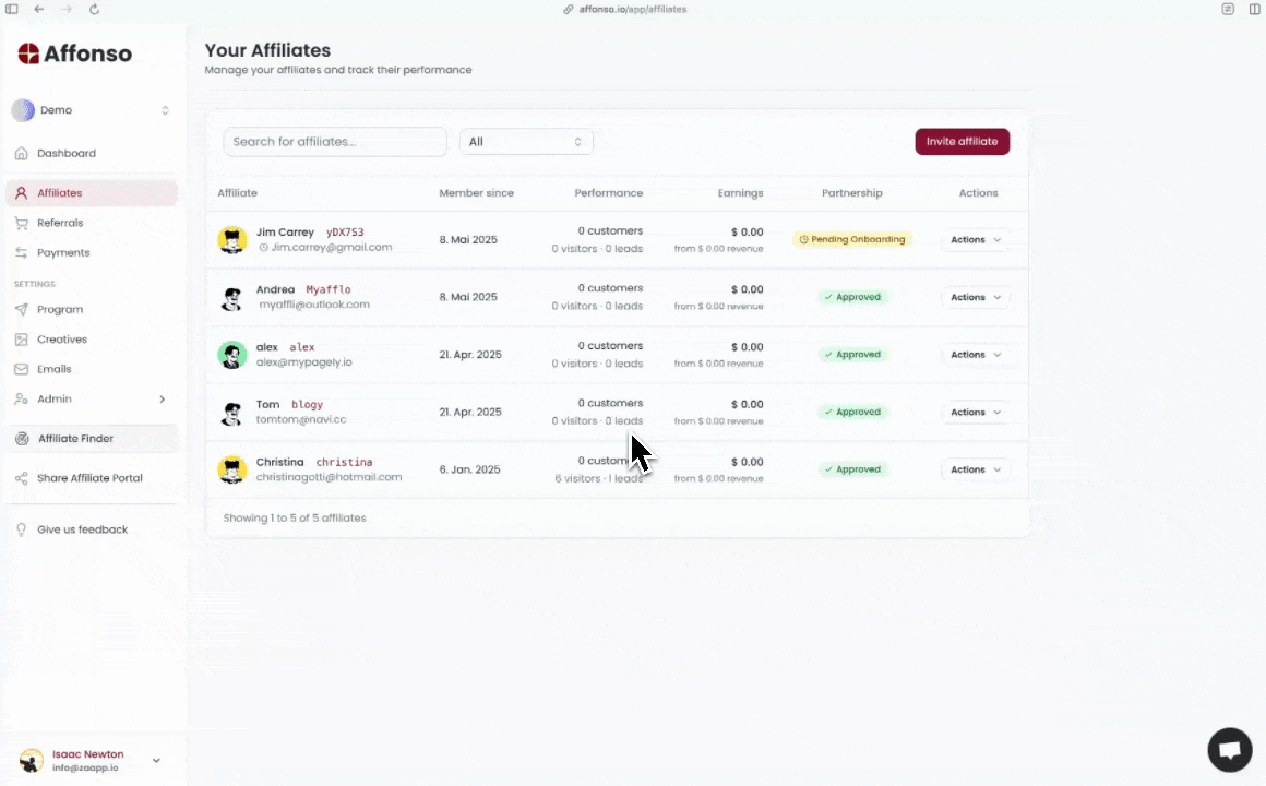 Invite Affiliates by Email