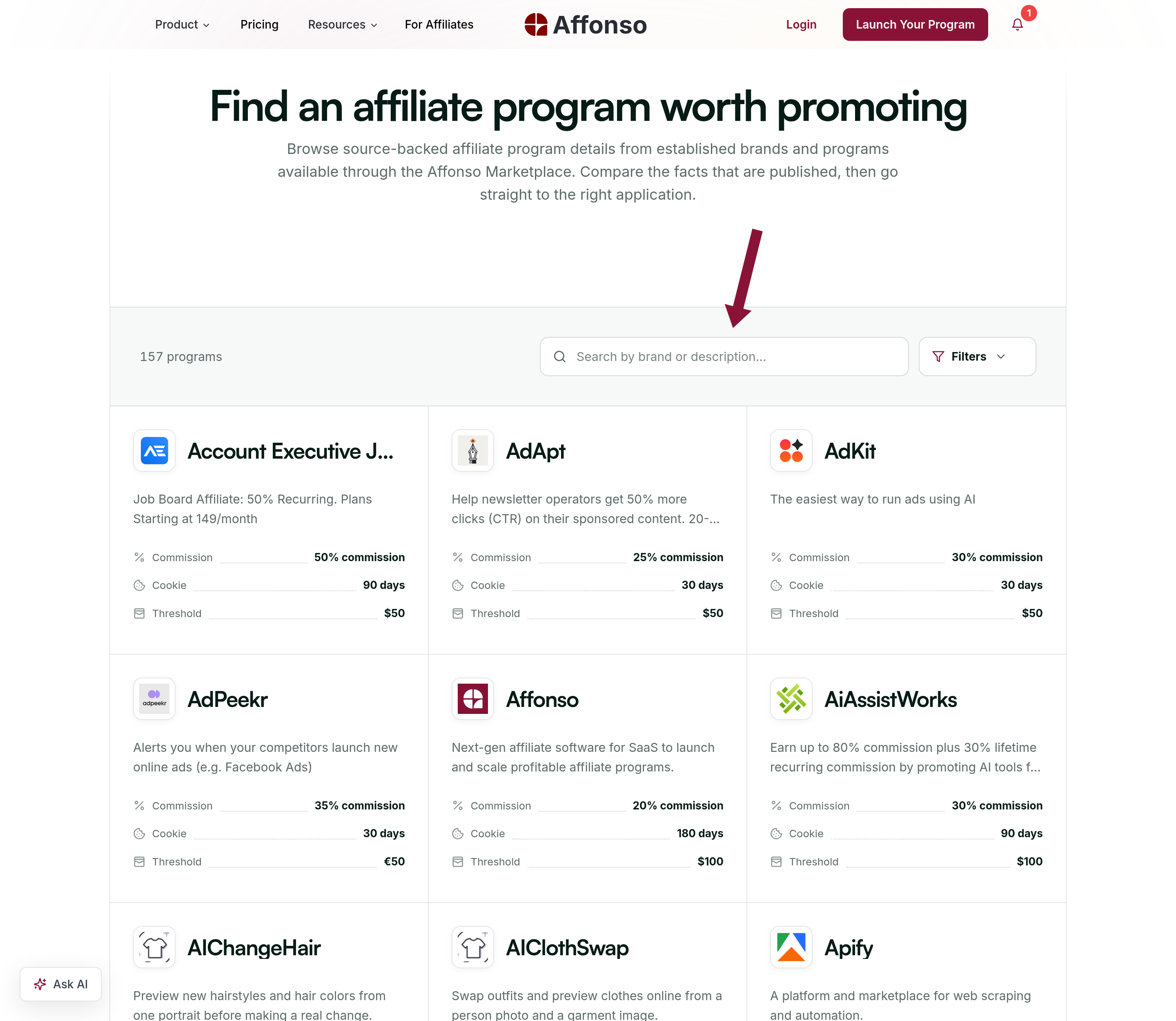 Public affiliate program directory with search