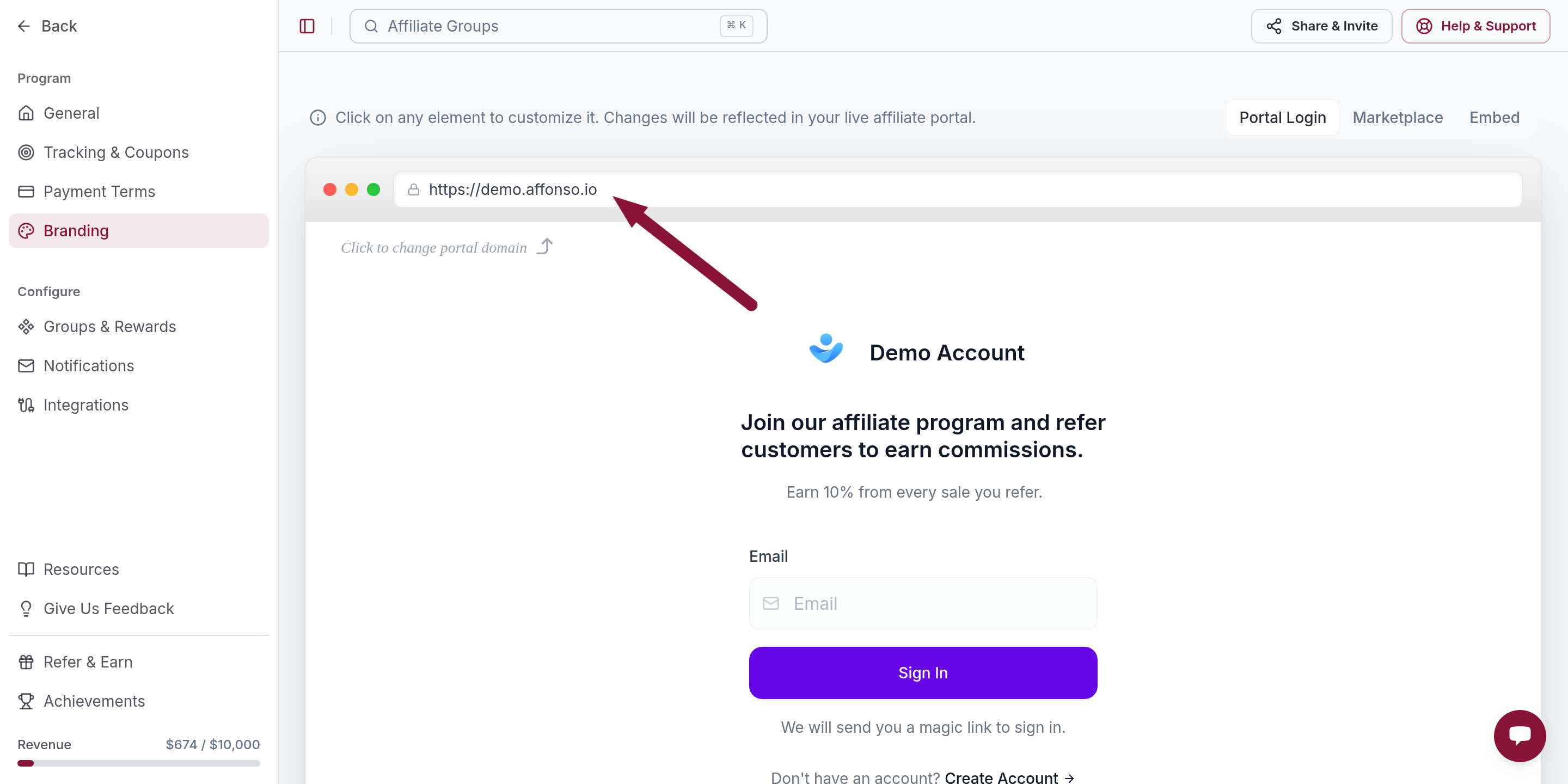 Branding page with portal URL highlighted