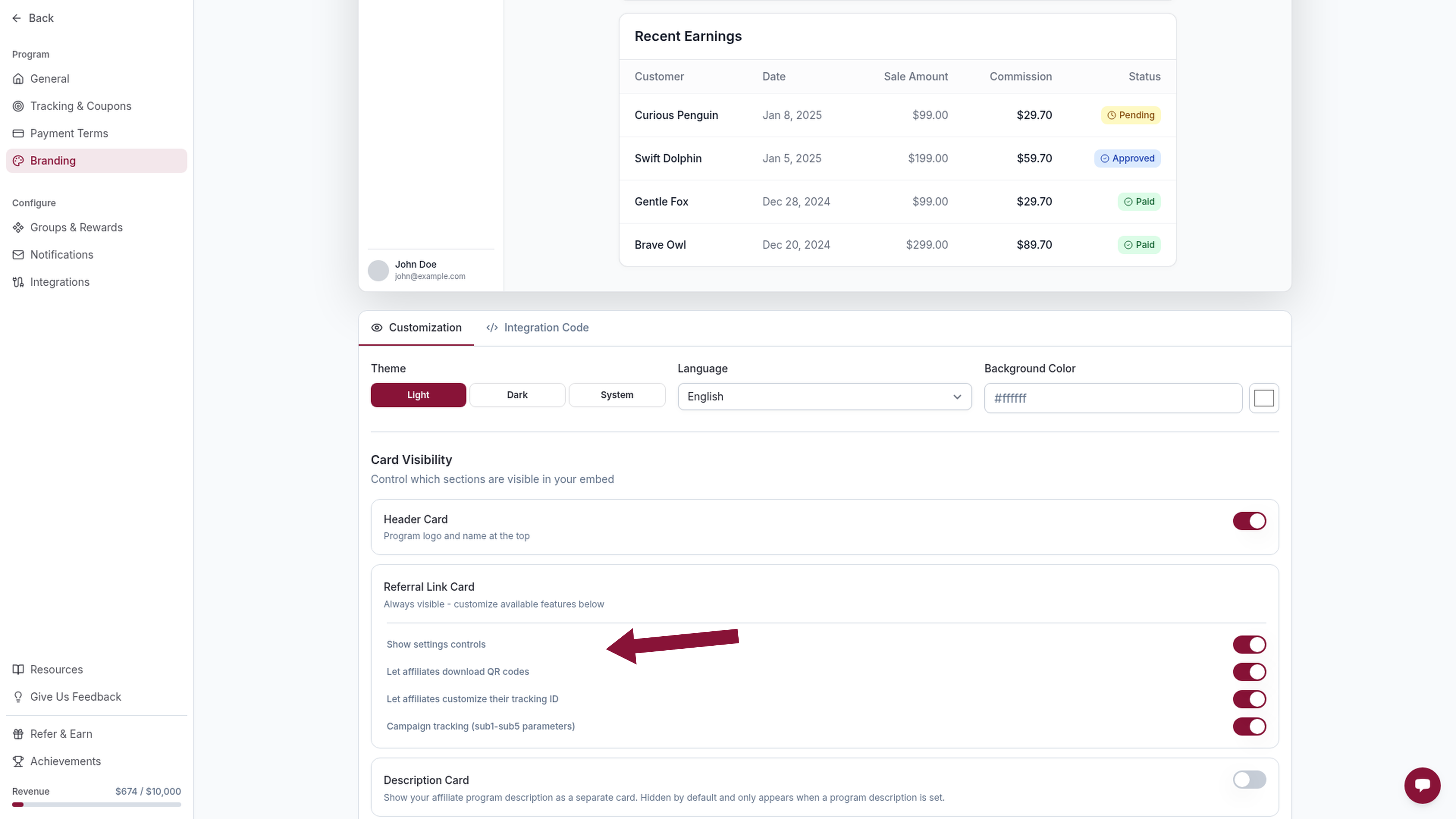 Show settings controls toggle in Appearance Embed