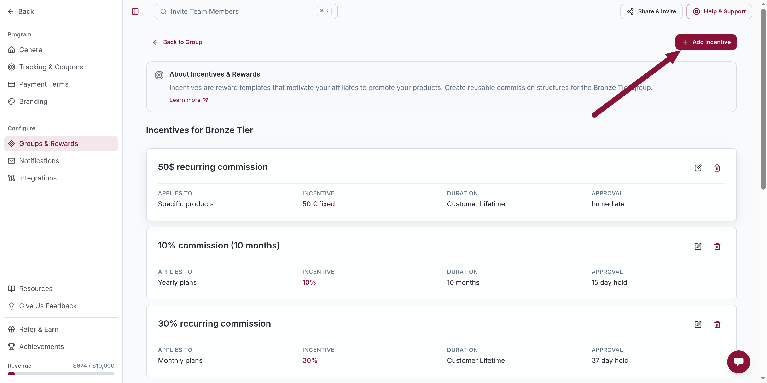 Incentives Setup on the group page