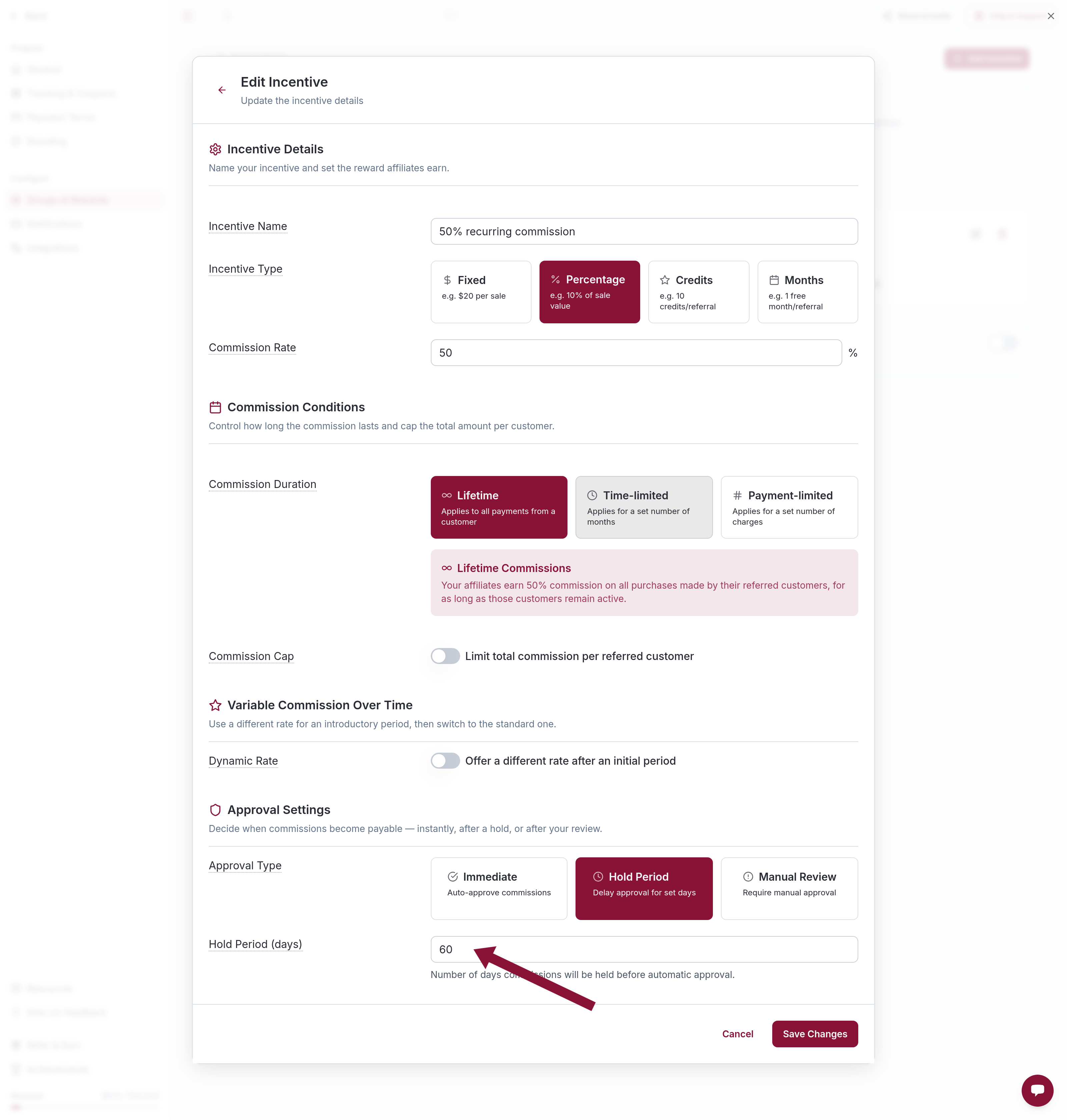 Hold period field on an incentive