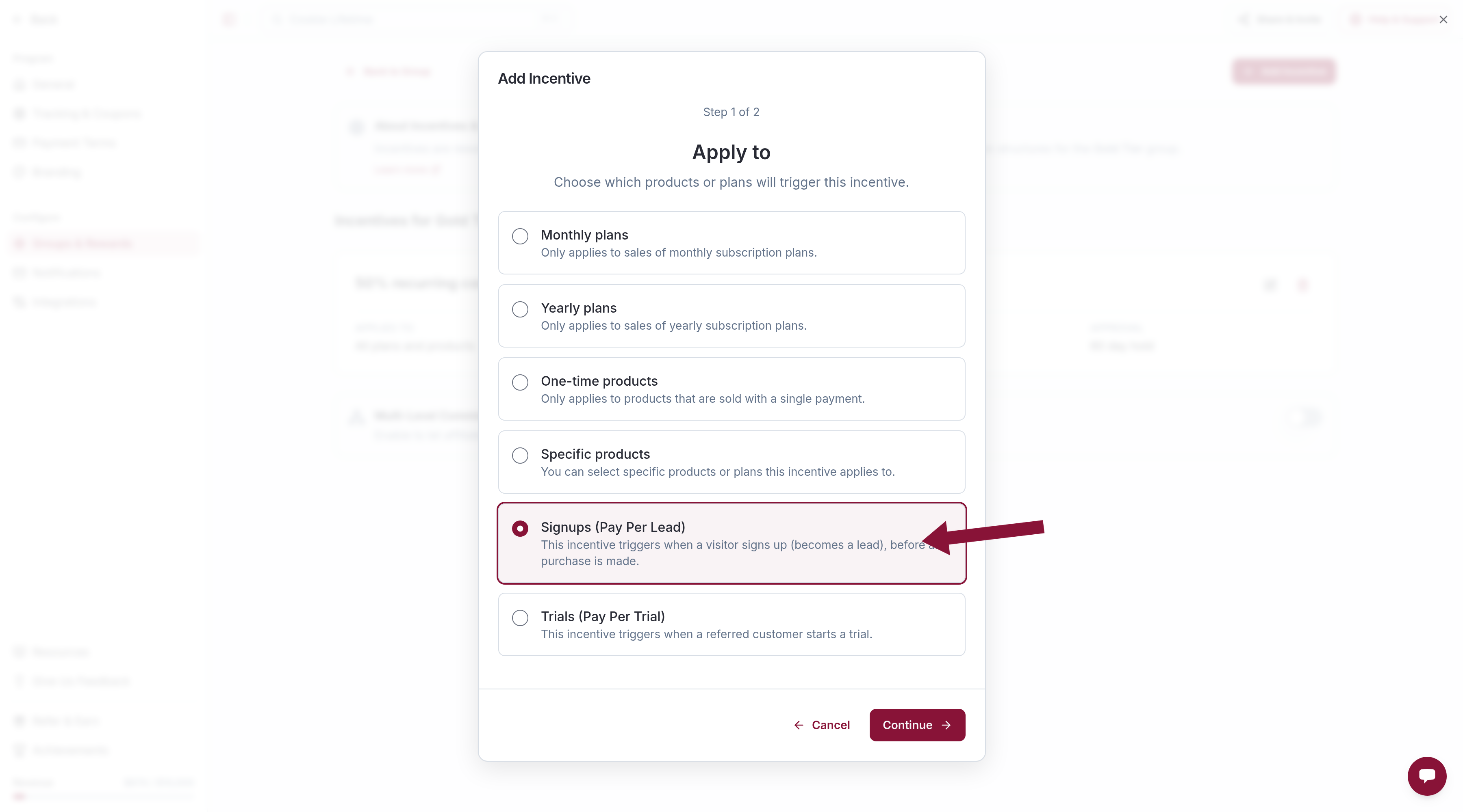 Apply to with Signups Pay Per Lead selected