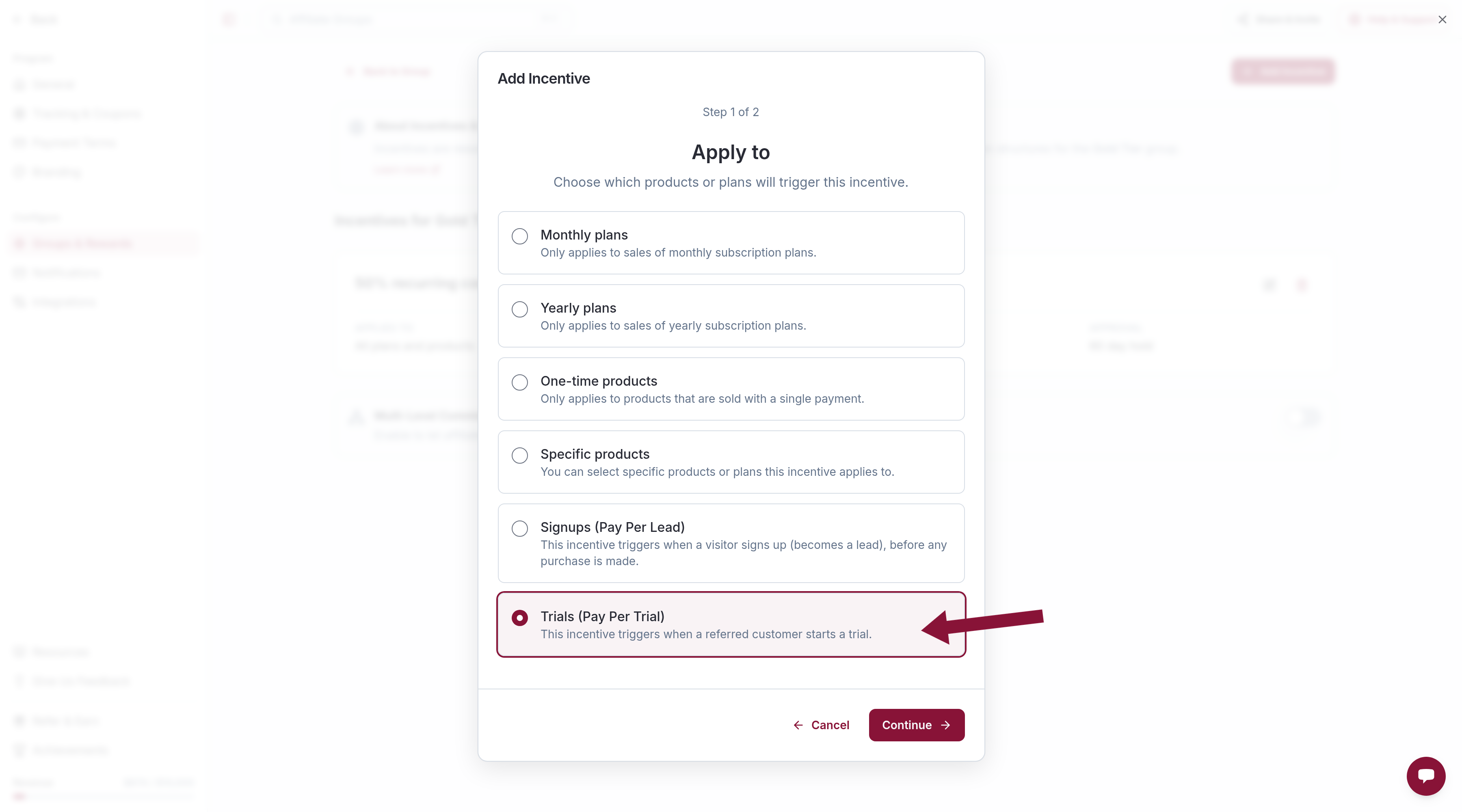 Apply to with Trials Pay Per Trial selected