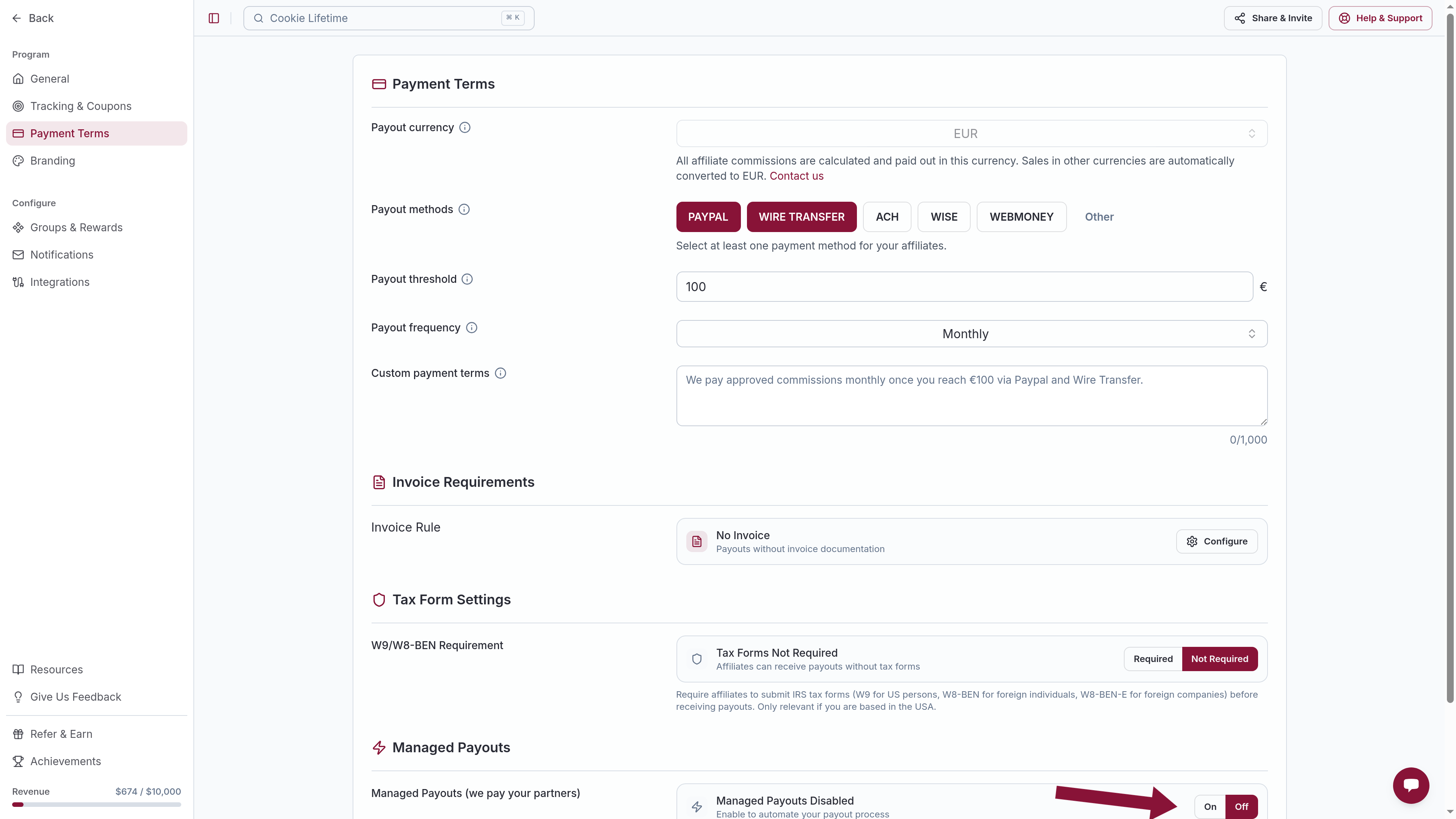 Managed Payouts On and Off on Payment Terms