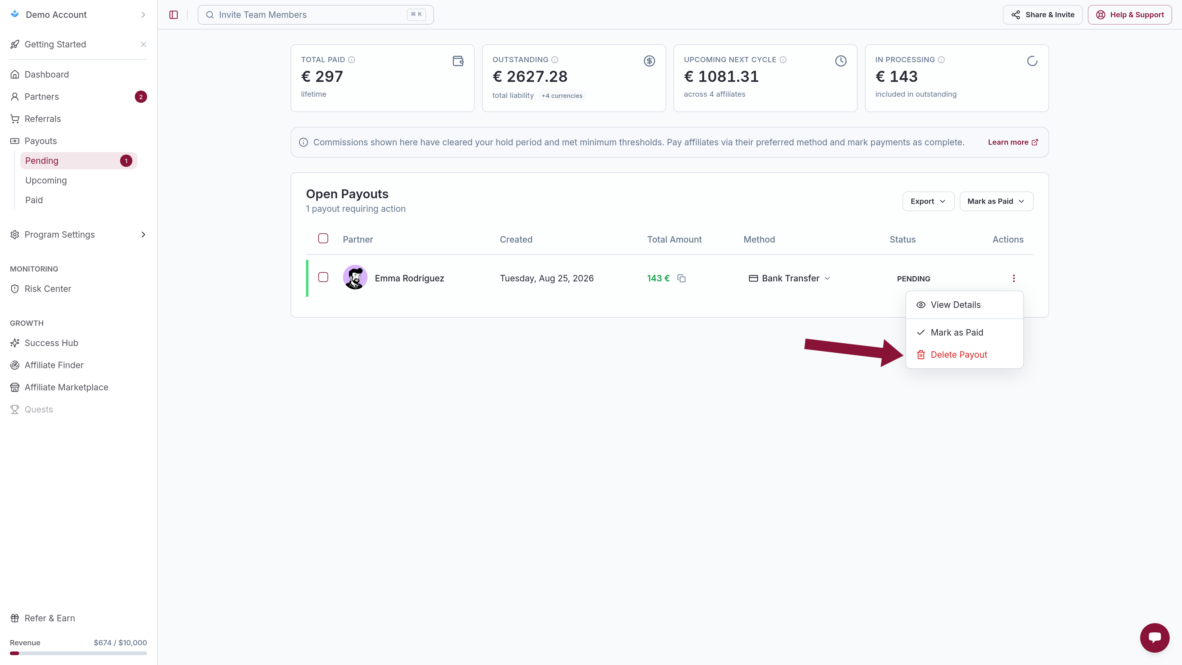 Delete Payout on a pending payout