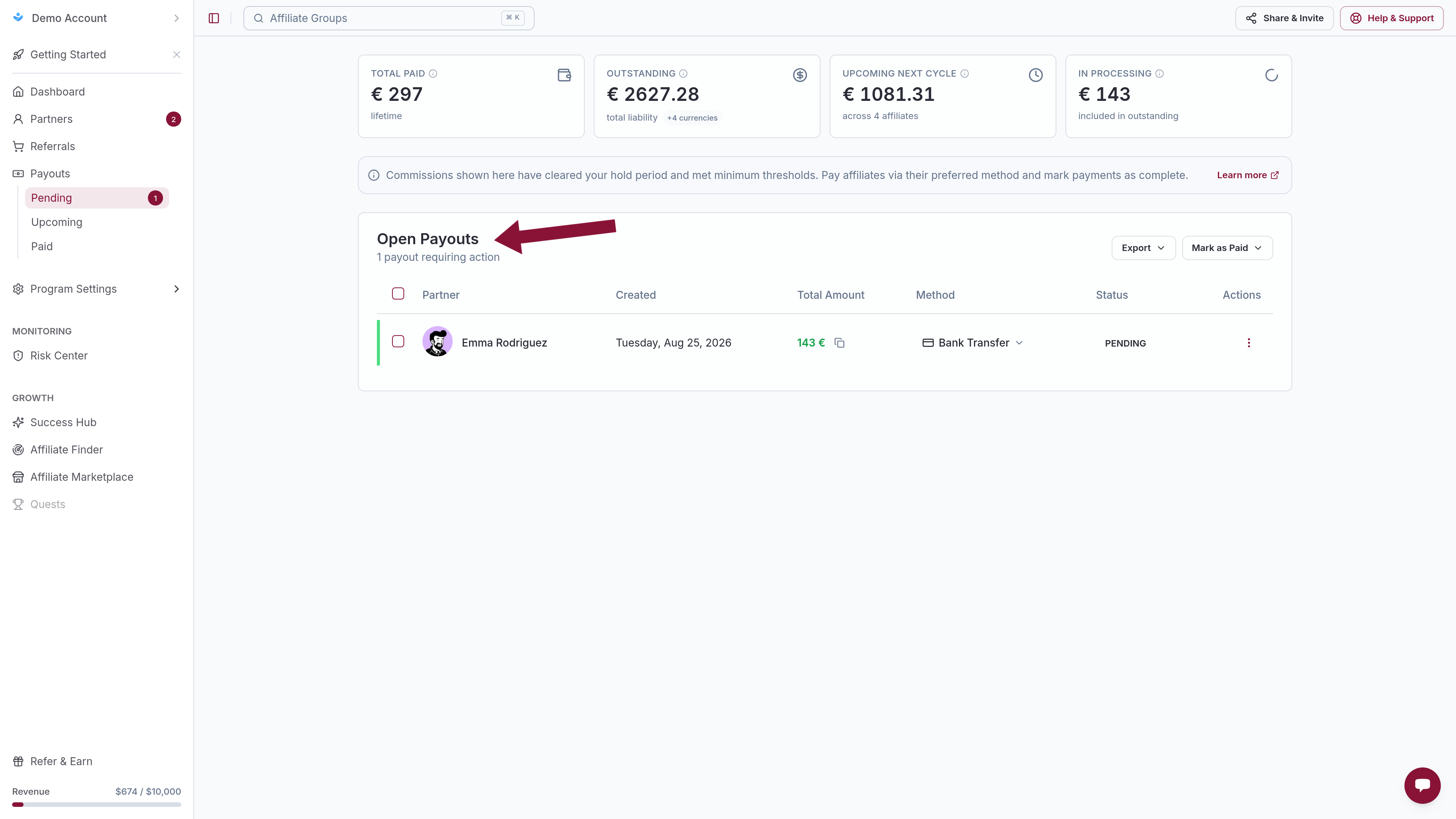 Open Payouts on Payouts → Pending