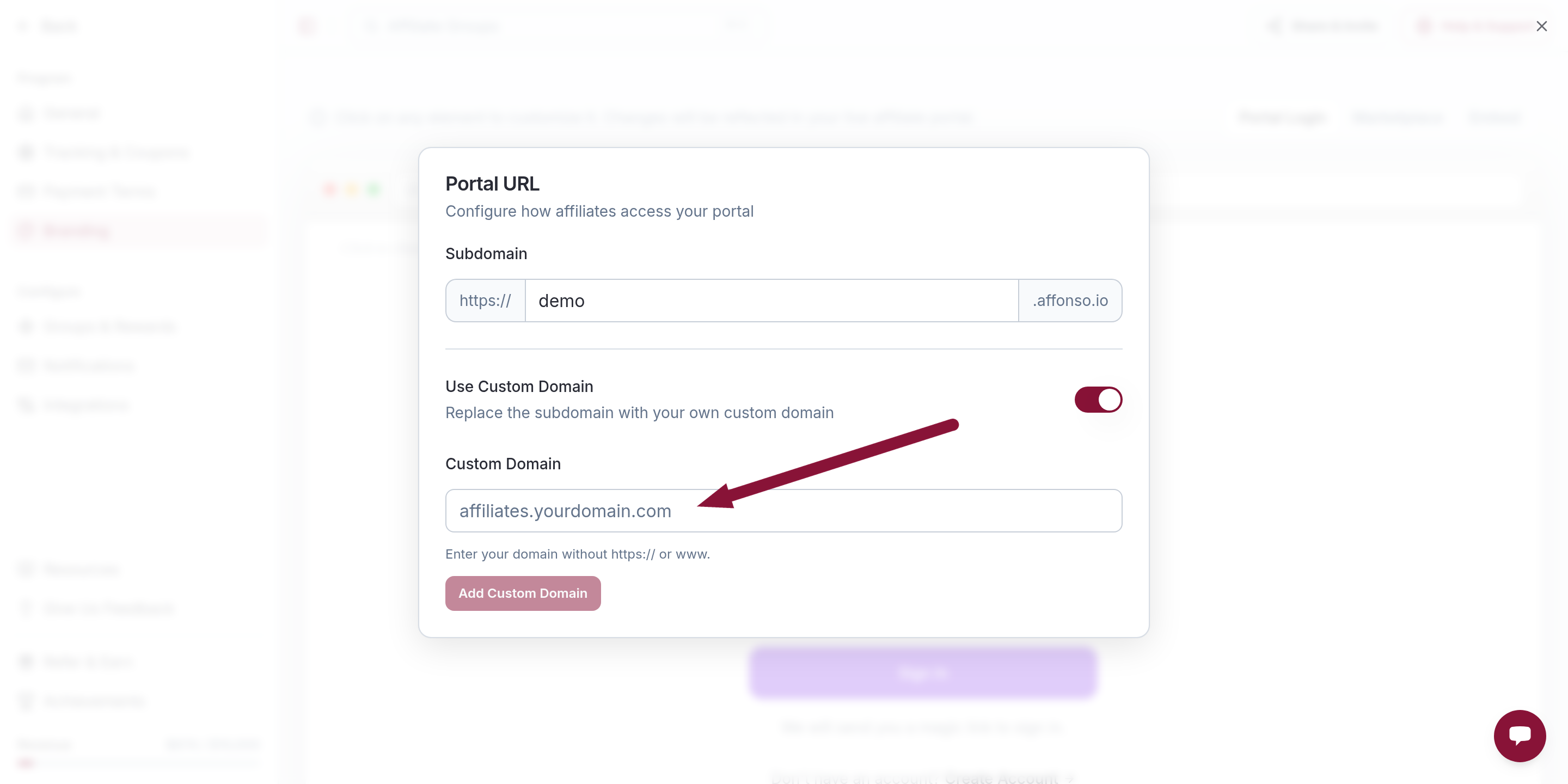 Custom domain input in the Portal URL dialog