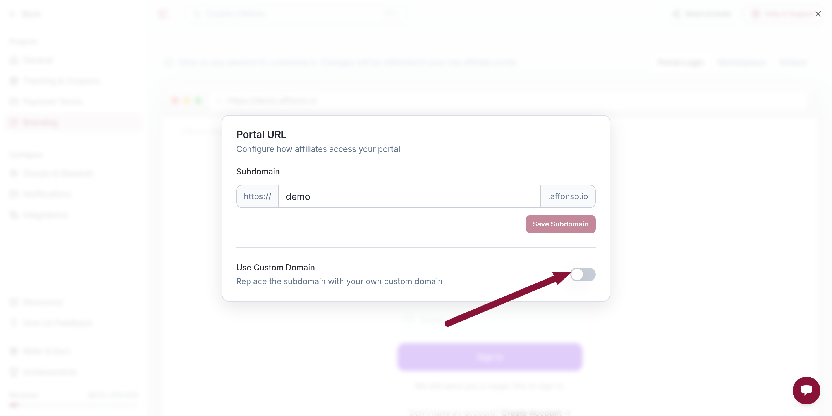 Portal URL dialog with Use Custom Domain toggle